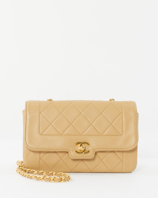 Chanel Vintage Beige Lambskin Leather Small Single Flap Diana Bag