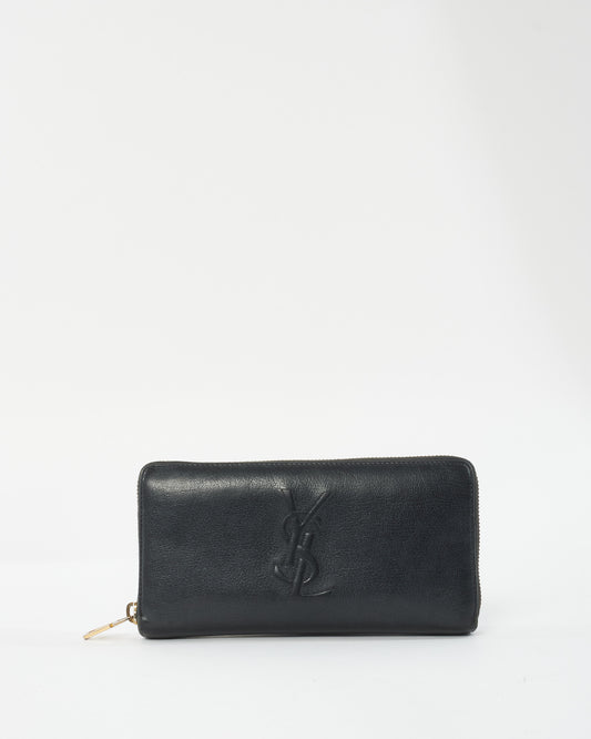 Saint Laurent Black Leather Embossed Logo Long Zip Wallet