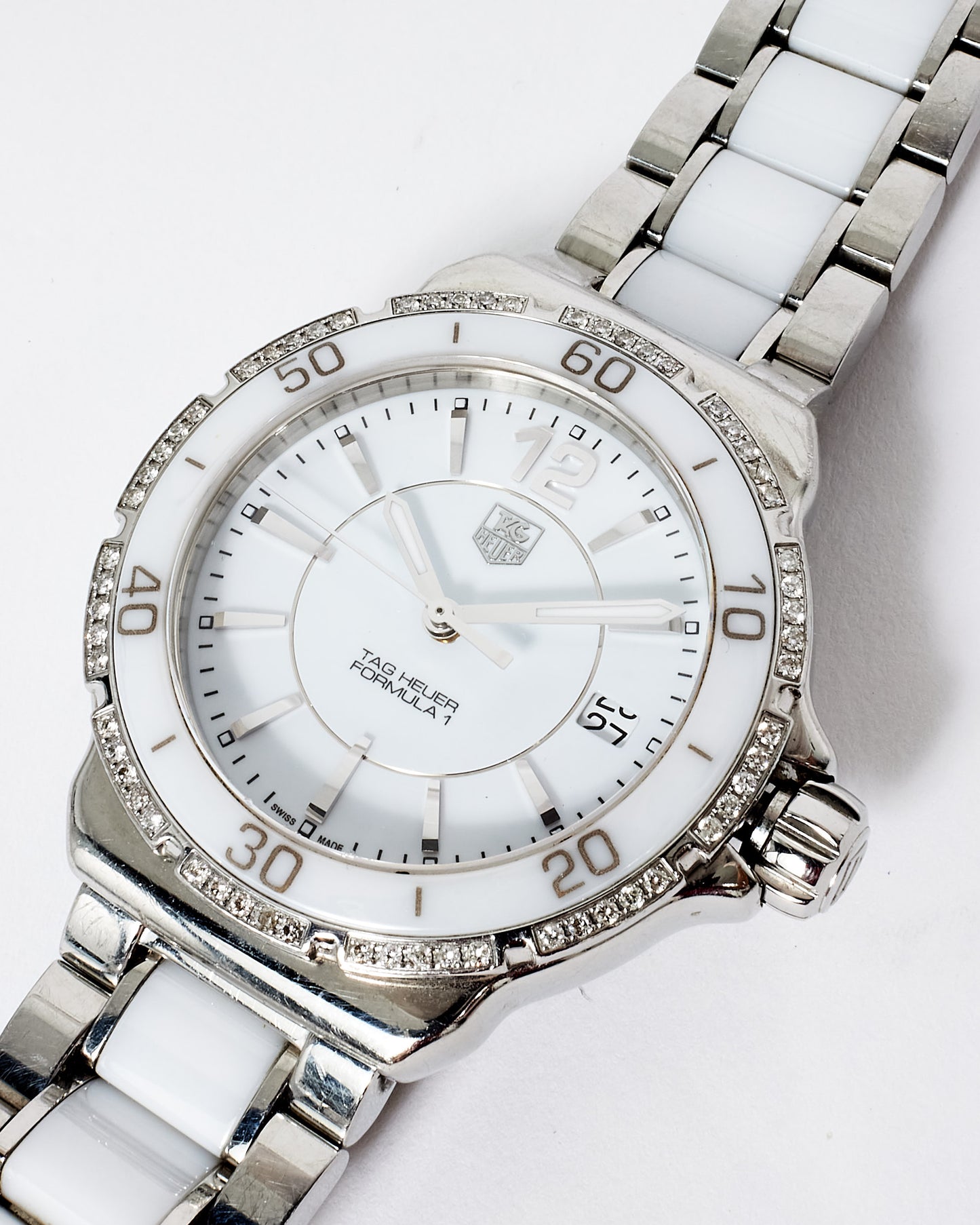 Tag Heuer Silver and White Ceramic & Sterling Silver with Diamonds Formula 1 Ladies Watch
