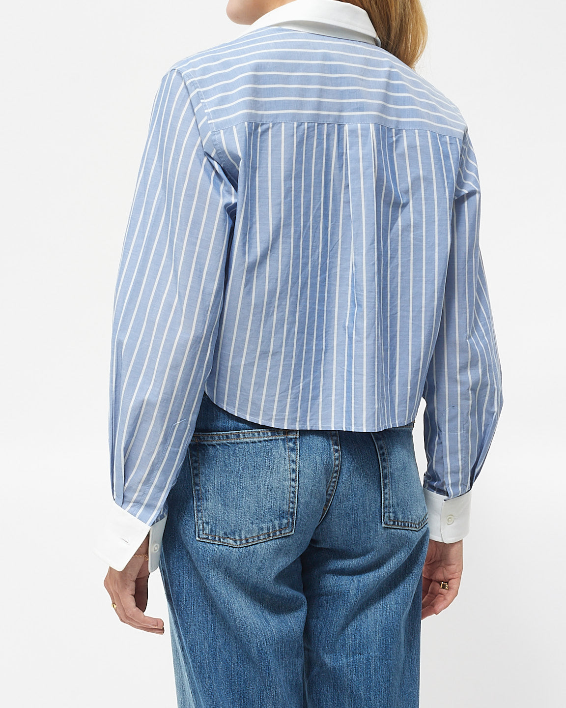 Celine Blue & White Striped Cotton Logo Cropped Button Down Shirt - 34