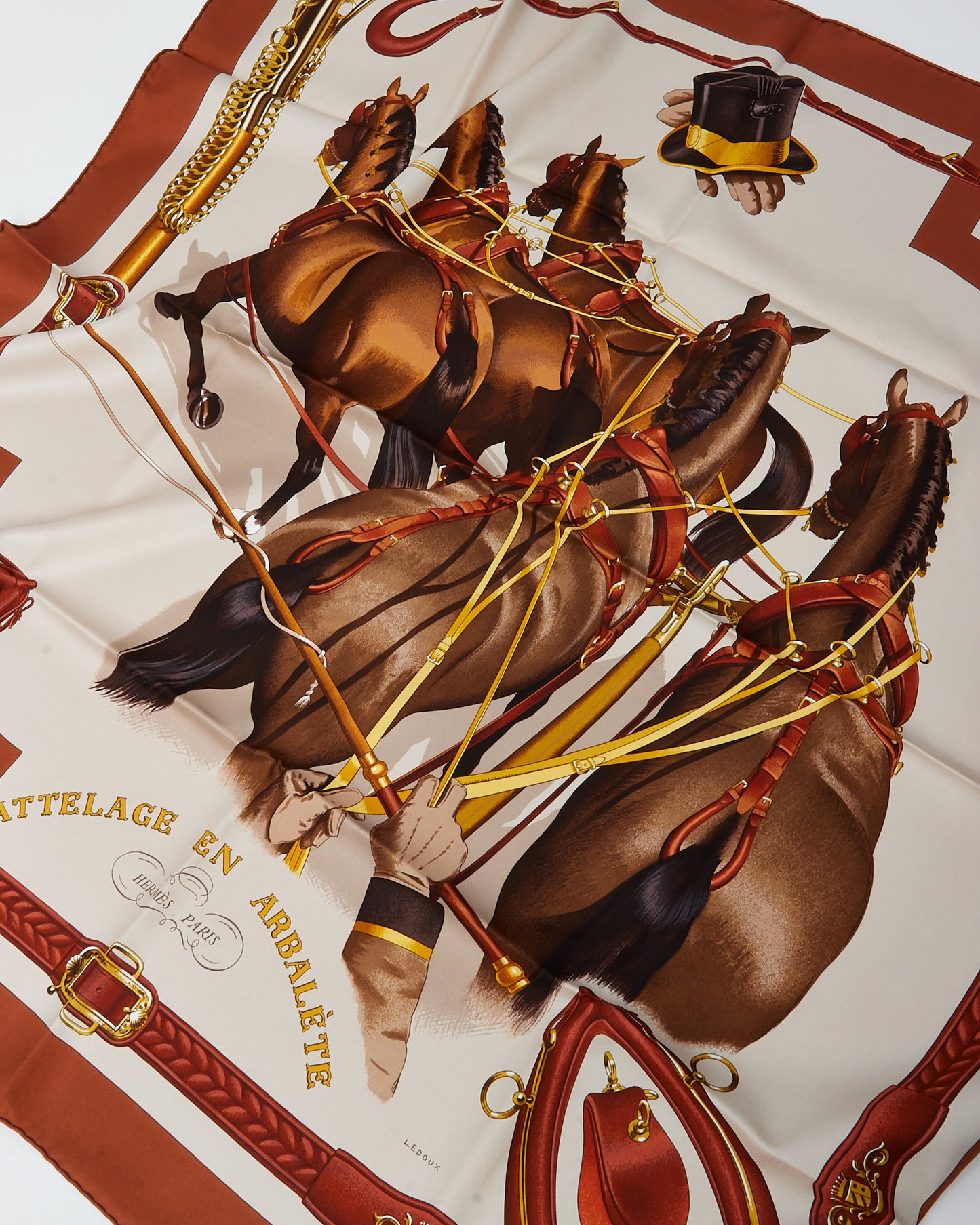 Hermès Brown/Gold/White Multi "Attelage en Arbalete" 90cm Silk Scarf