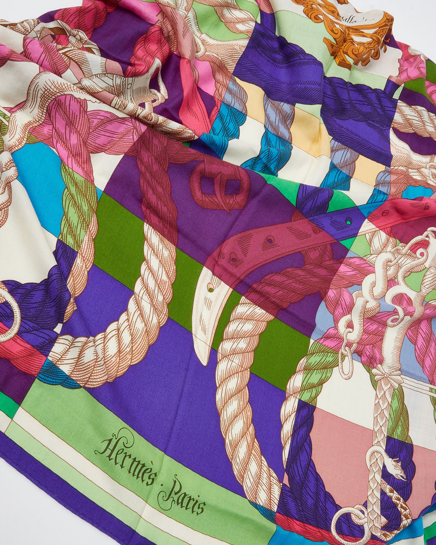 Hermès Purple/Green/Pink/Beige Multi "Della Cavalleria" Cashmere and Silk 140cm Shawl Scarf