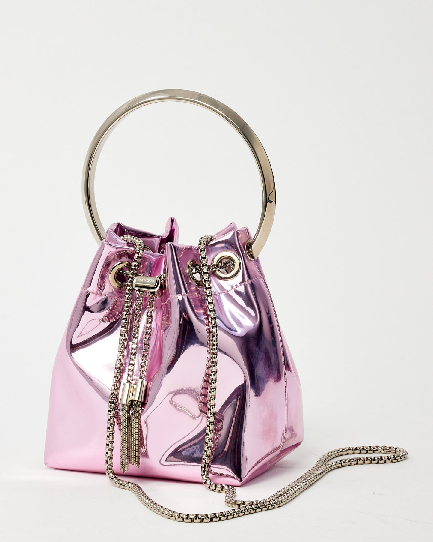 Jimmy Choo Metallic Mauve Pink Metal Handle Bon Bon Bucket Bag with Chain Strap