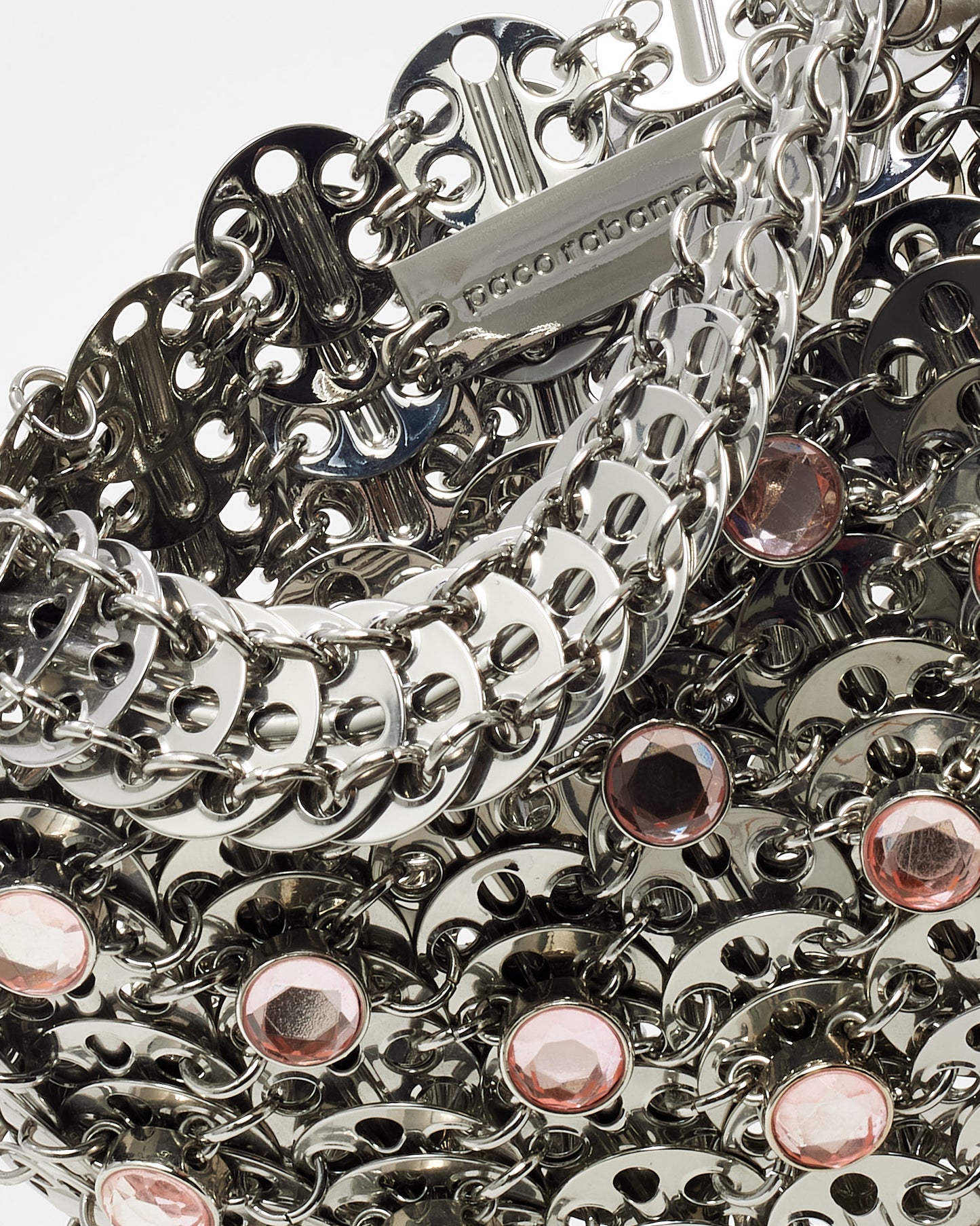 Paco Rabanne Silver Chain Mail Brass and Pink Crystal Stud 1969 Moon Small Shoulder Bag