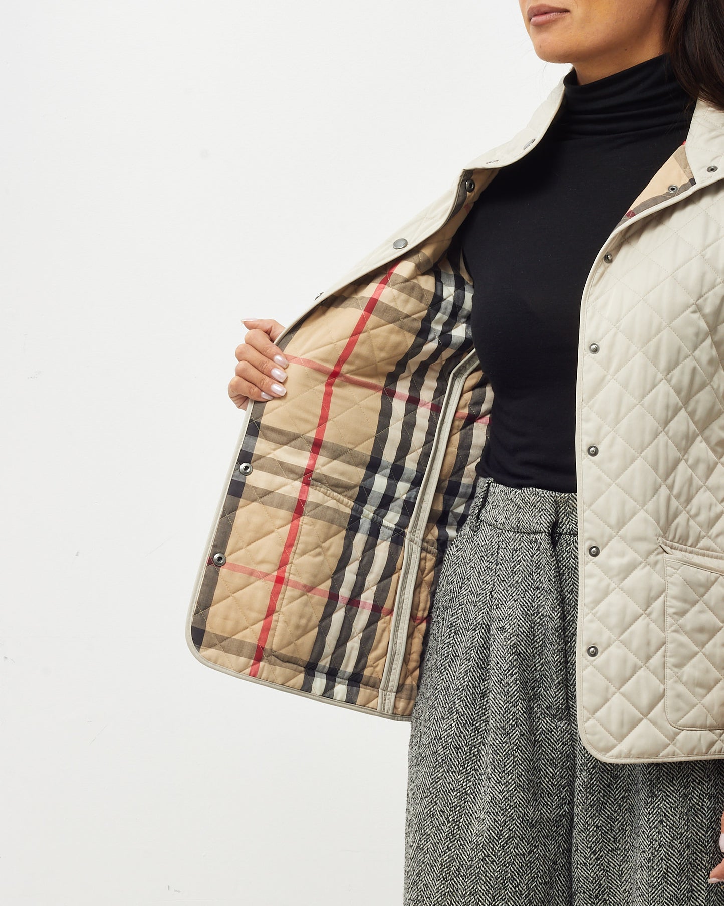 Burberry Brit Beige Padded Quilted Button Up Jacket - XS