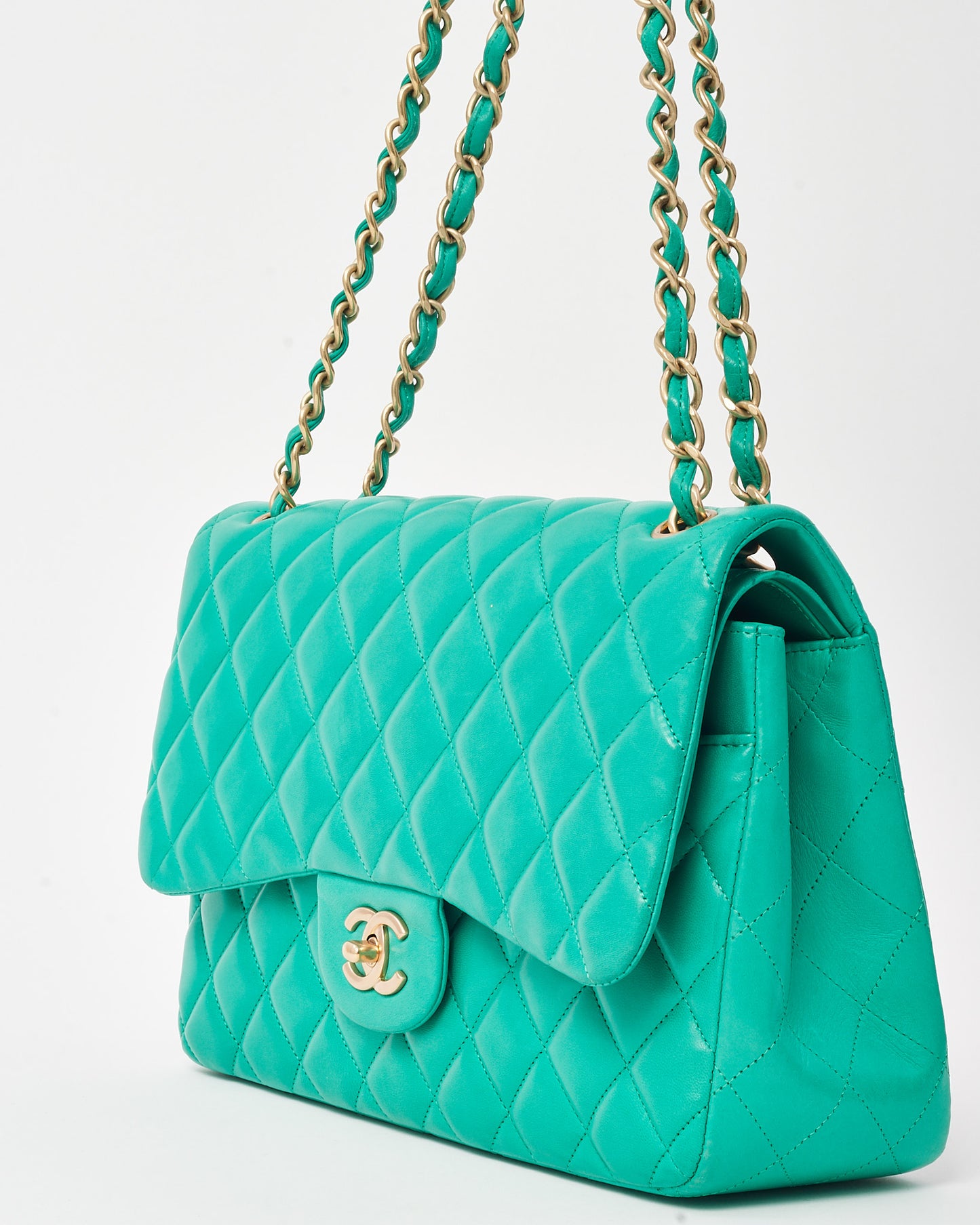 Chanel Turquoise Green Quilted Lambskin Leather Jumbo Double Flap Bag GHW