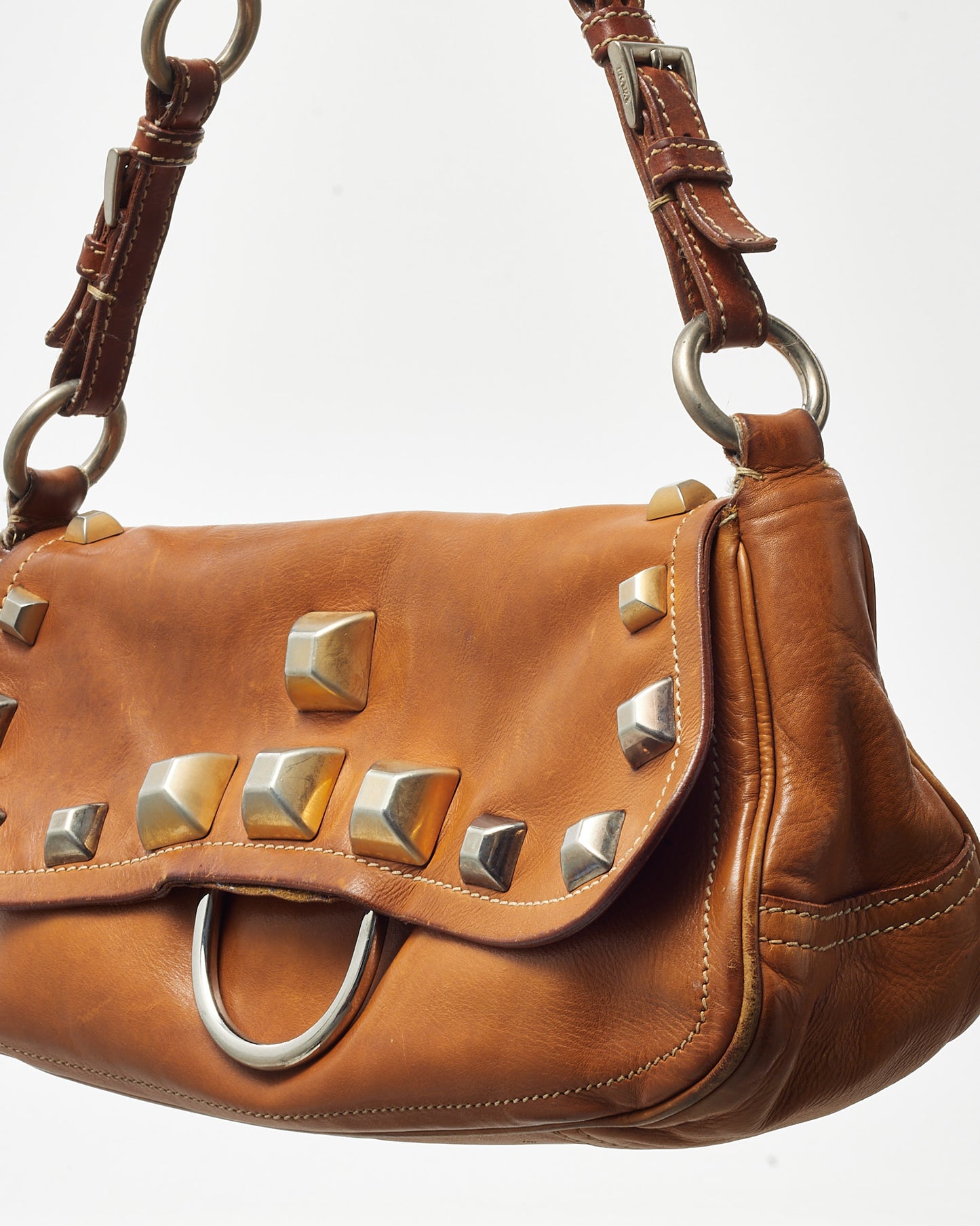 Prada Brown/Tan Leather Studded Shoulder Bag