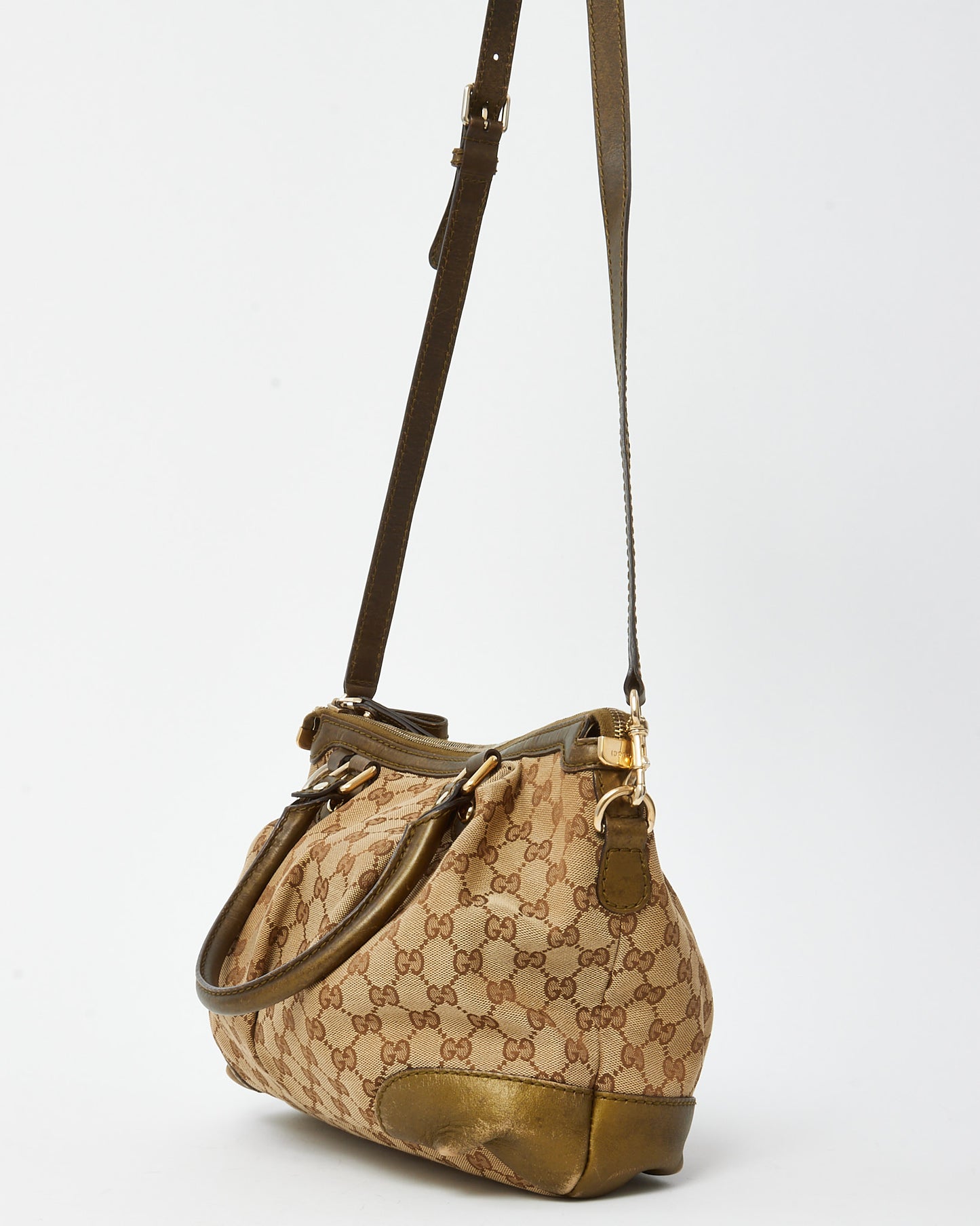 Gucci Khaki Metallic Leather & Beige and Brown GG Monogram Canvas Sukey 2Way Tote with Strap