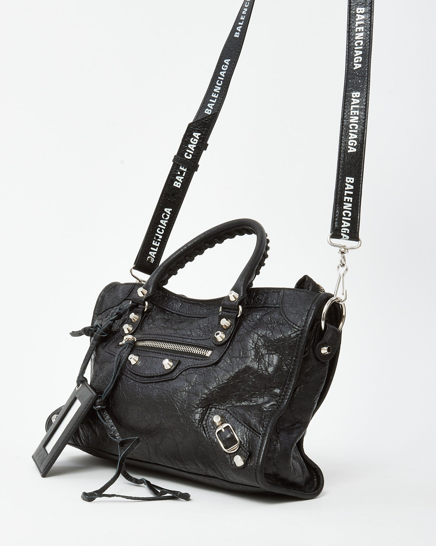 Balenciaga Black Arena Lambskin Leather Small Motorcycle City Bag with Logo Strap