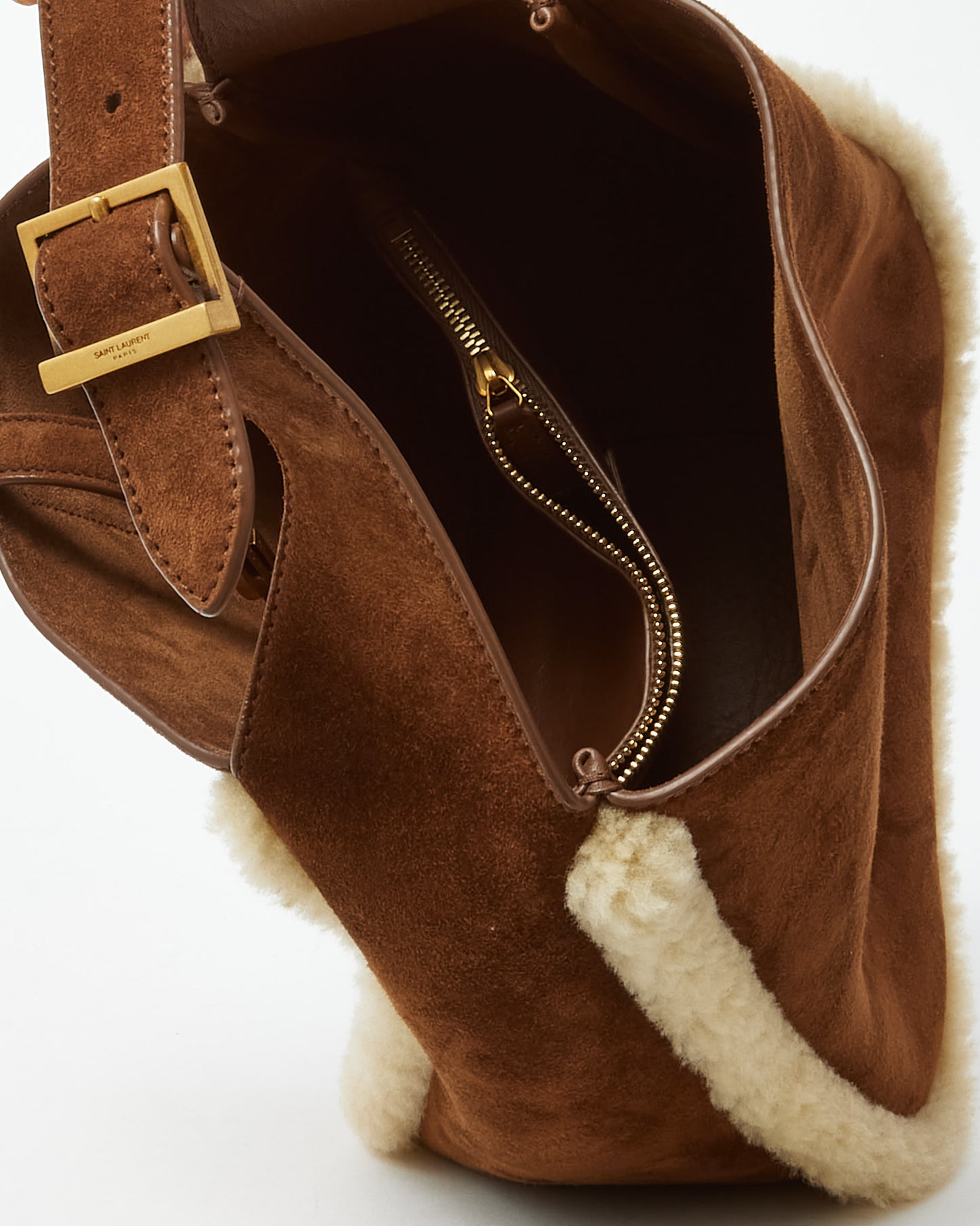 Saint Laurent Brown Suede and Shearling 5 a 7 Small Soft Hobo Shoulder Bag