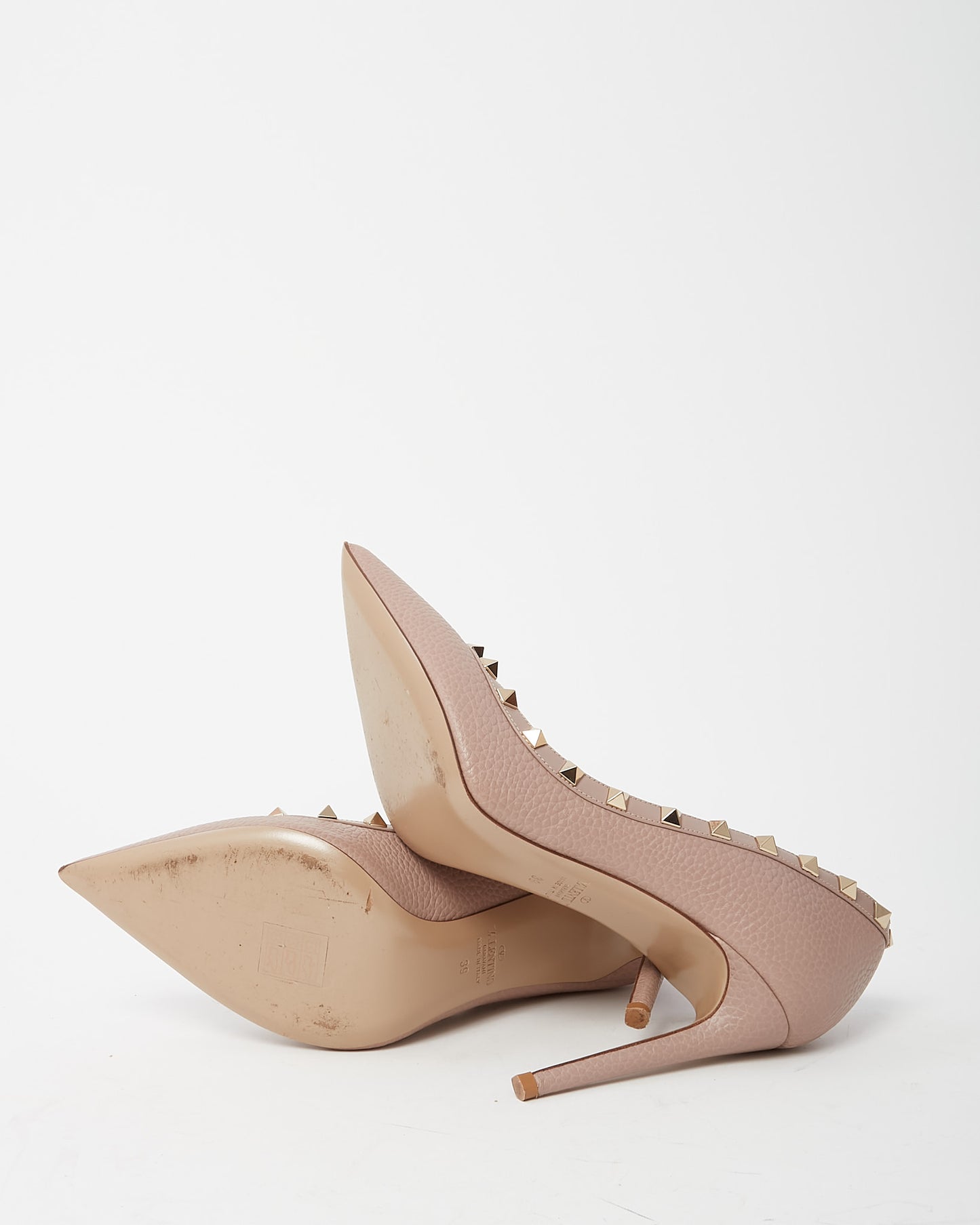 Valentino Beige Grained Leather Rockstud Pointed Toe Pumps - 39