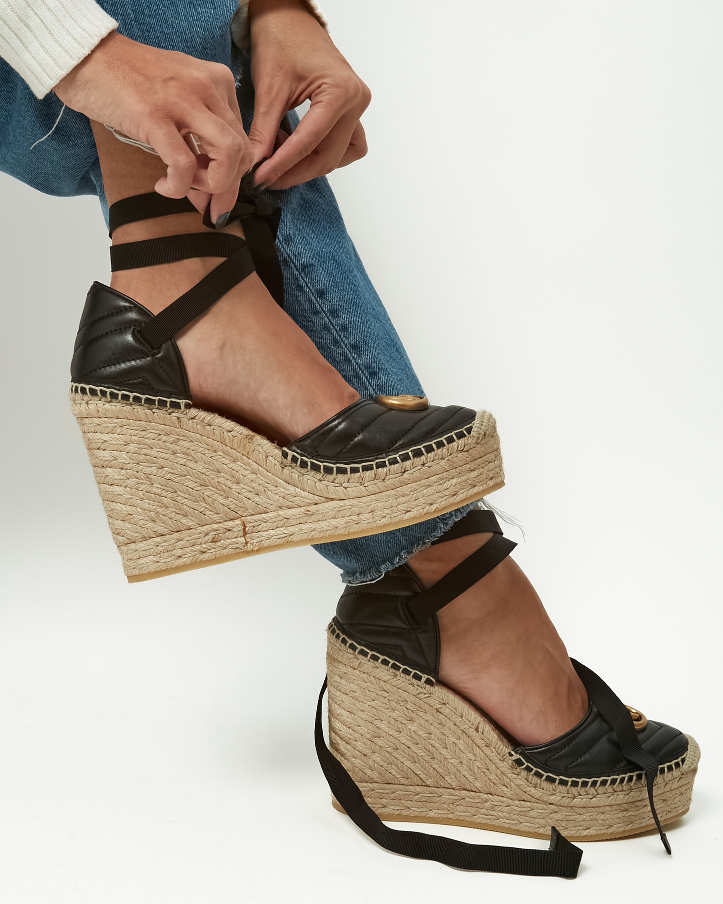 Gucci Black Leather GHW GG Marmont Espadrille Wedges - 39