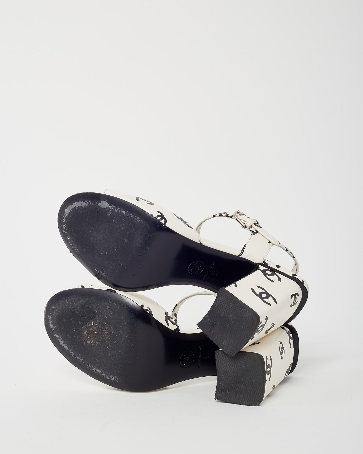 Chanel White & Black CC Logo Printed Leather Block Heel Sandals - 38