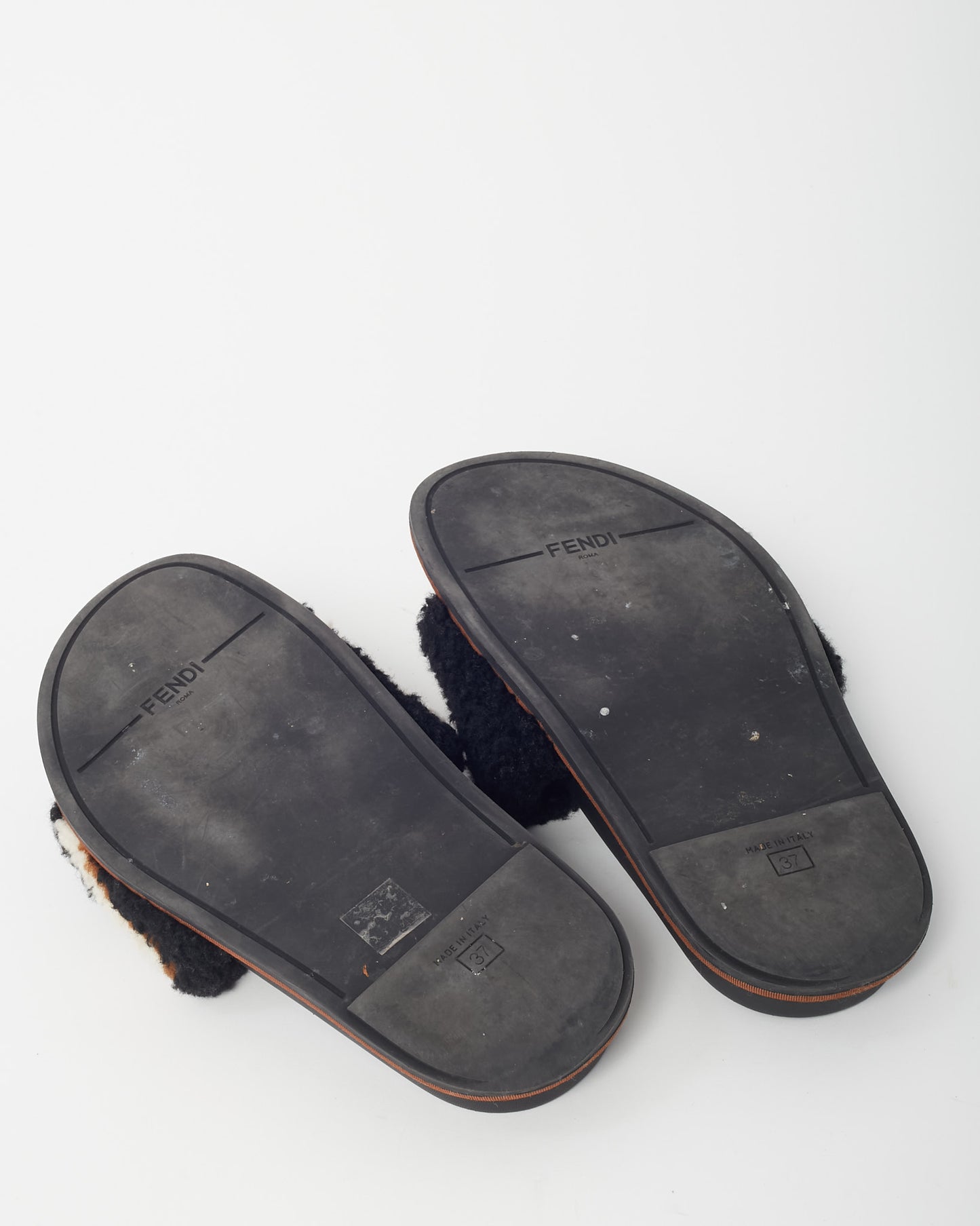 Fendi Black Shearling Logo and Leather Slide Sandals - 37