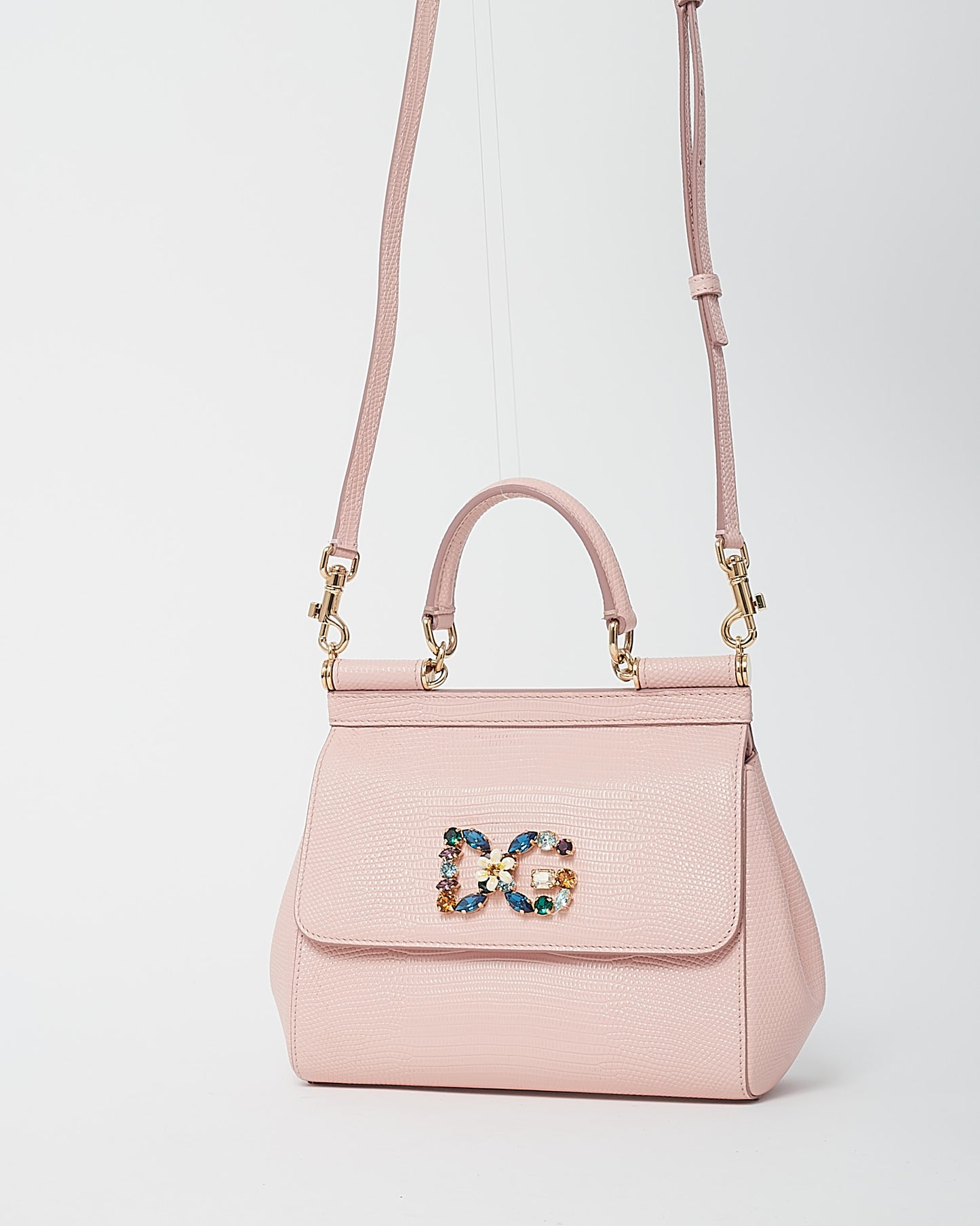 Dolce & Gabbana Pink Stampa Iguana Leather DG Crystal Small Miss Sicily Satchel