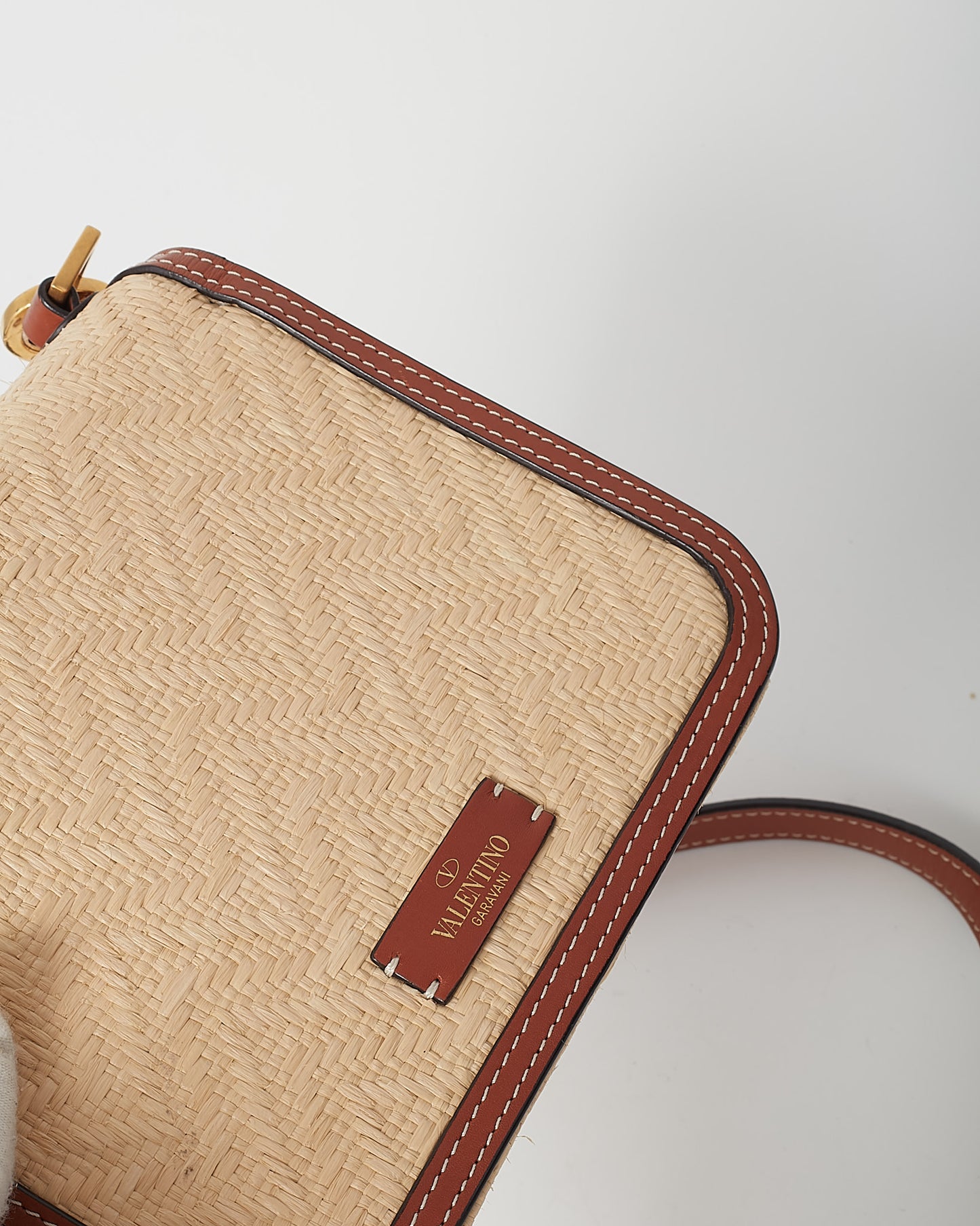 Valentino Tan Leather and Beige Raffia VLOGO Square Crossbody Bag