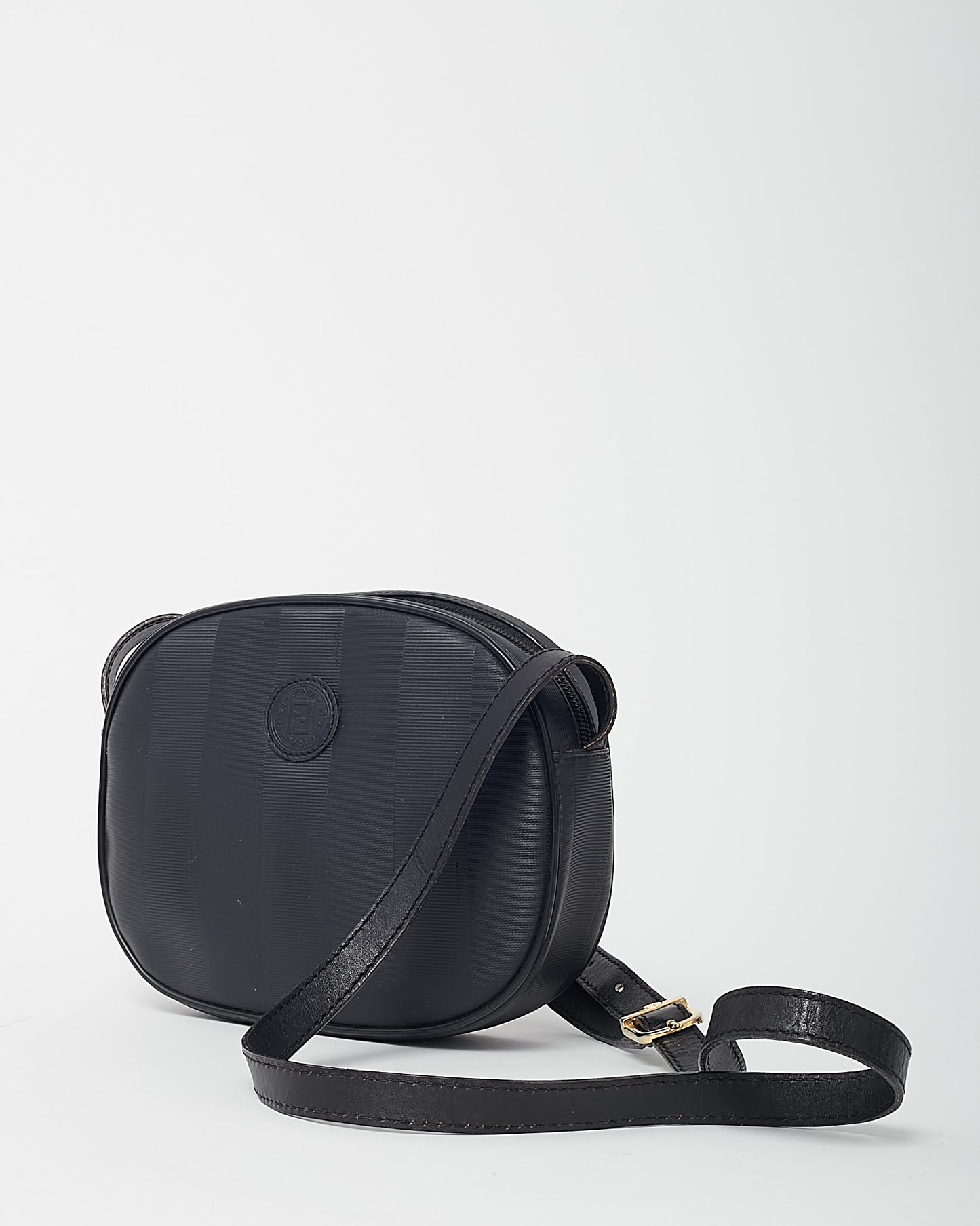 Fendi Vintage Black Pequin Stripe Coated Canvas Mini Round Crossbody Bag