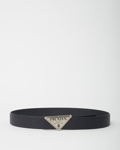 Prada Black Saffiano Leather Silver Triangle Fibbe Logo Buckle Belt - 95/34