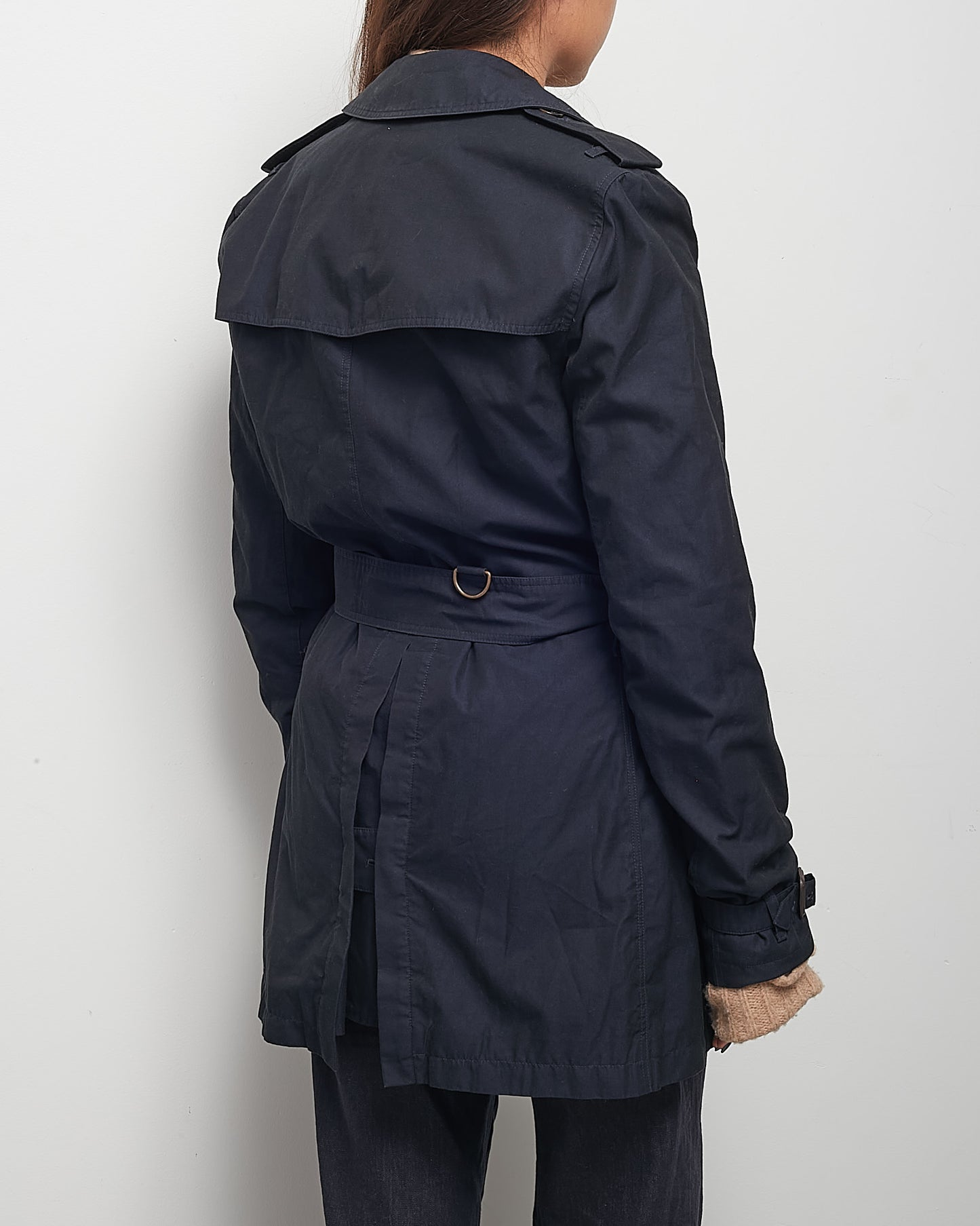 Burberry Navy Gabardine Mid-Length Belted Trench Coat - S