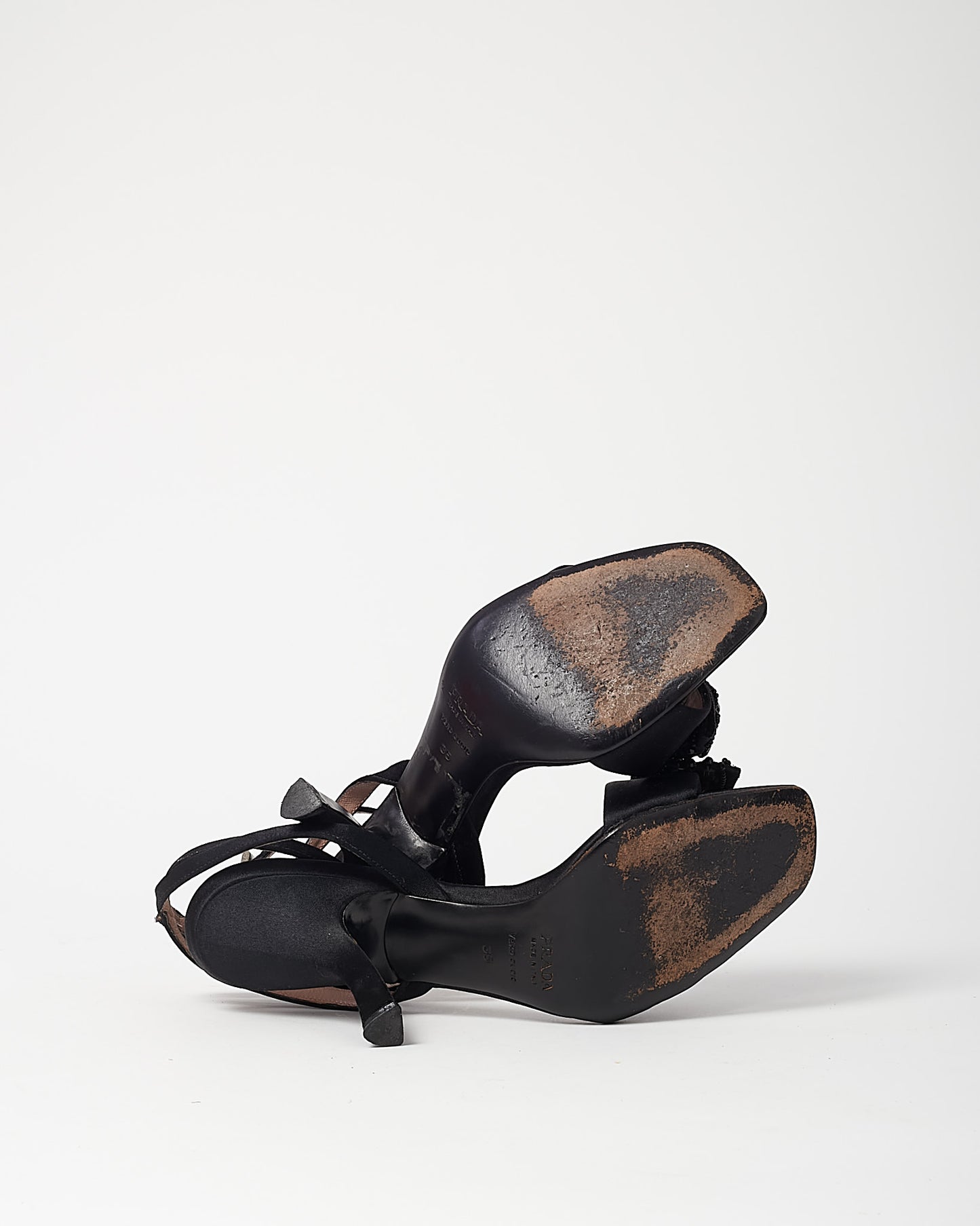 Prada Vintage Black Satin Crystal Bow Stiletto Sandals - 35