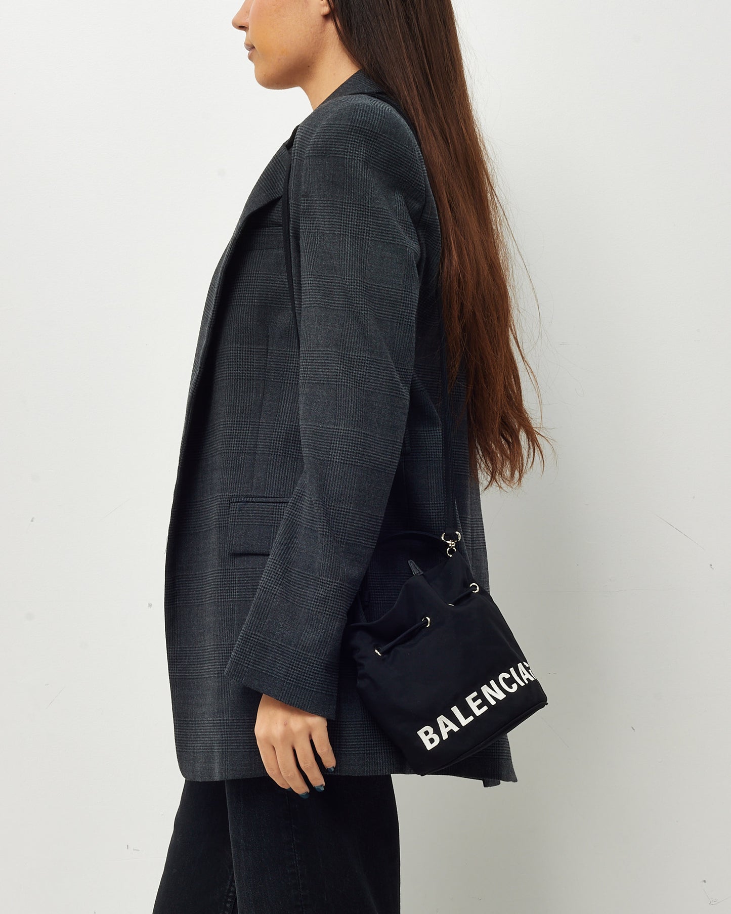 Balenciaga Black Nylon White Logo Wheel Drawstring XS Bucket Bag with Strap