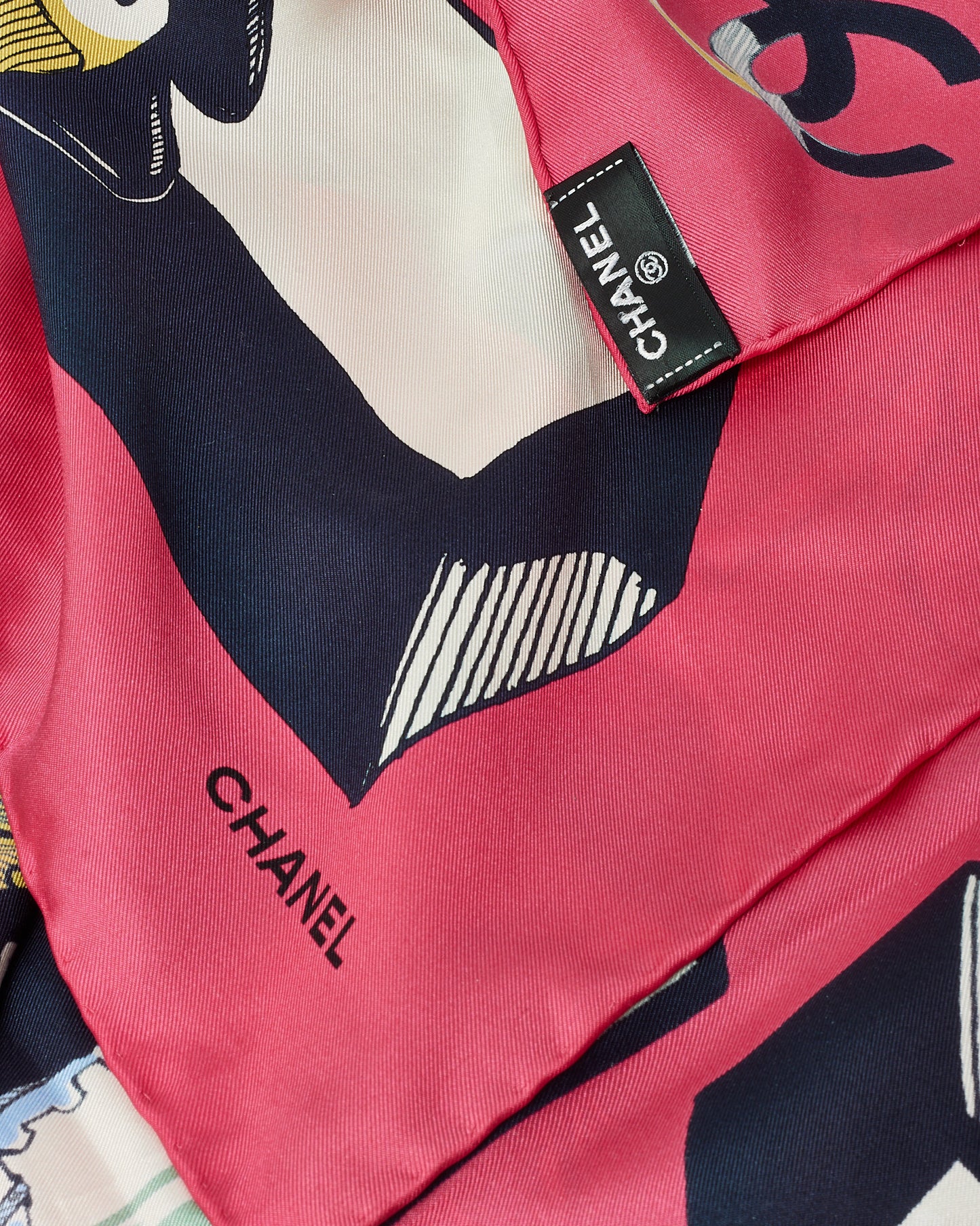 Chanel Fuchsia Pink and Blue/Multi CHANEL Logo Printed 90cm Silk Scarf Scarf