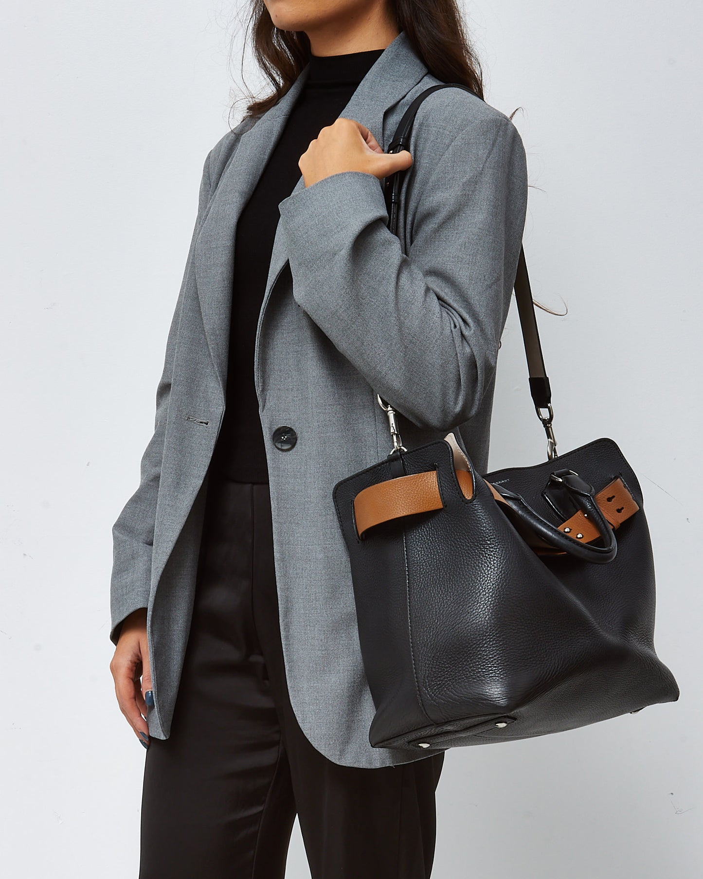 Burberry Black Leather and Beige Belted Medium Marais Tote Bag with Strap