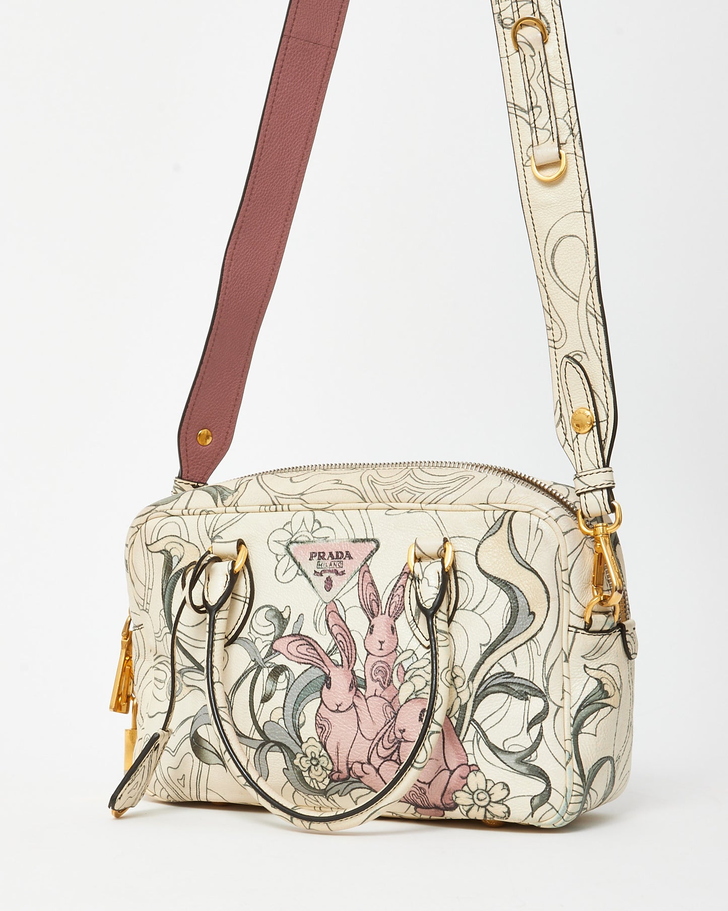 Prada x James Jean Limited Edition White Opaline Glace Calfskin Rabbit Print Bauletto Top Handle Bag with Strap