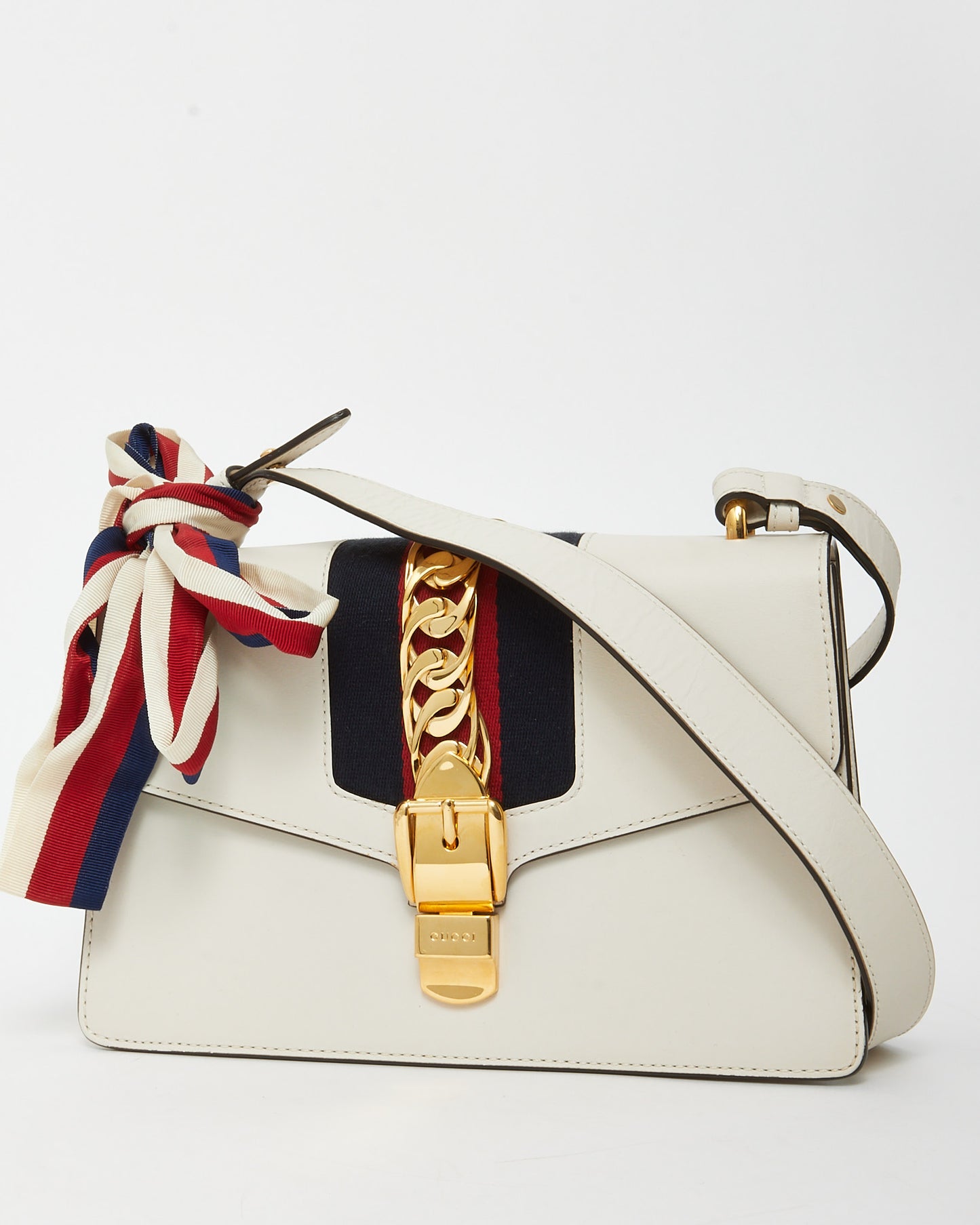Gucci White Leather Small Web Sylvie Shoulder Bag