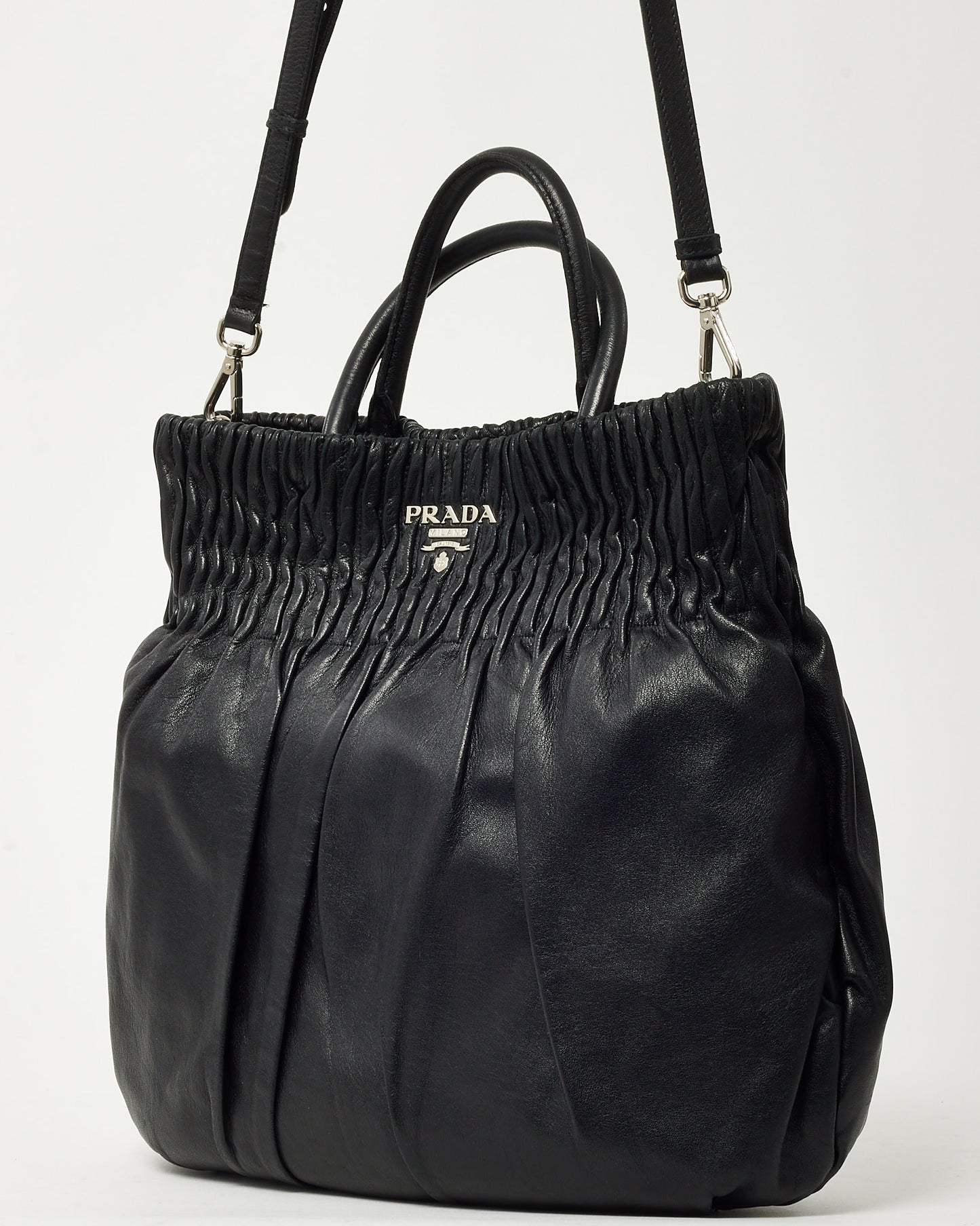 Prada Black Nappa Leather Pleated Logo 2Way Tote Bag with Strap