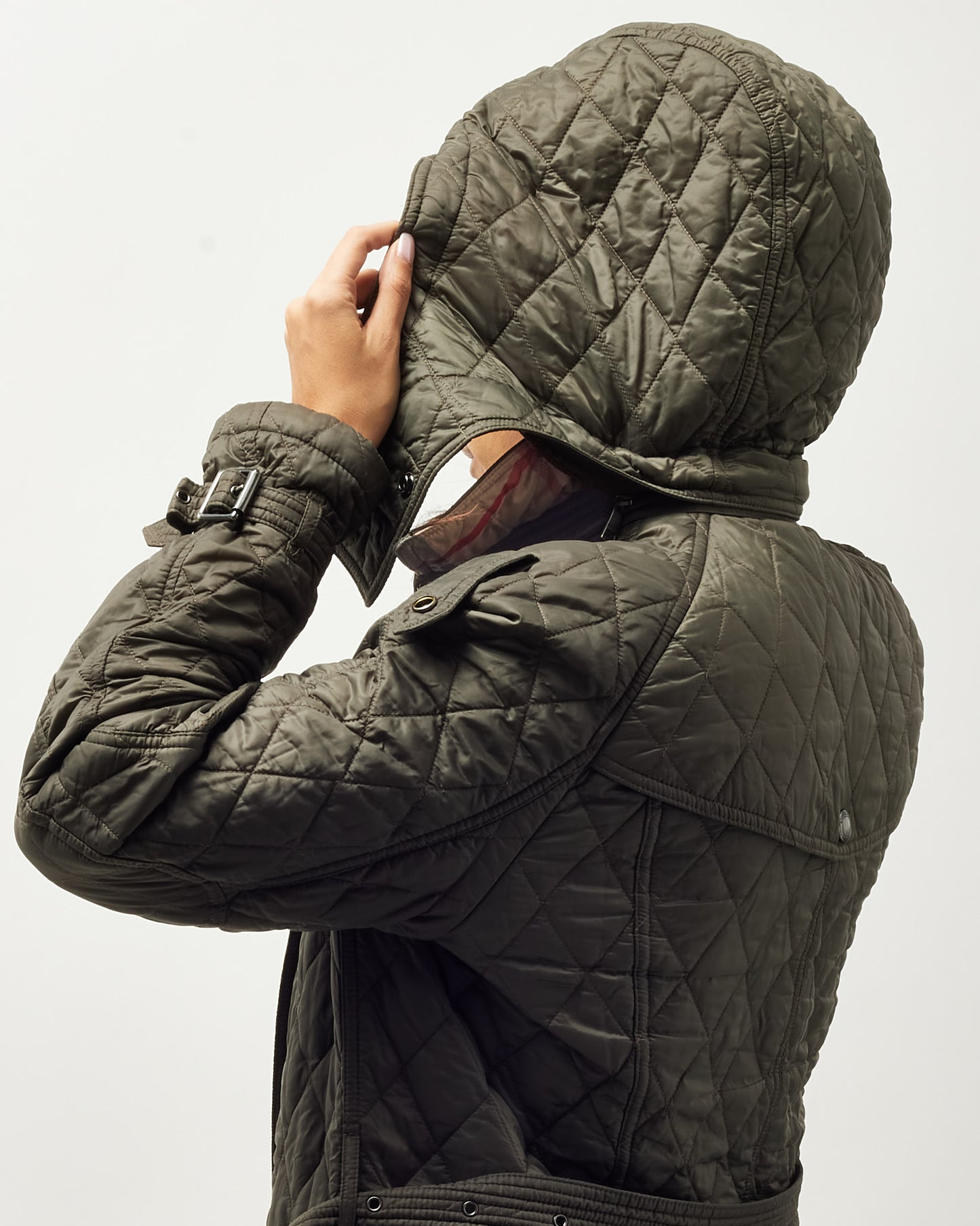 Burberry Brit Khaki Green Nylon Padded Quilted Belted Hooded Jacket - XL
