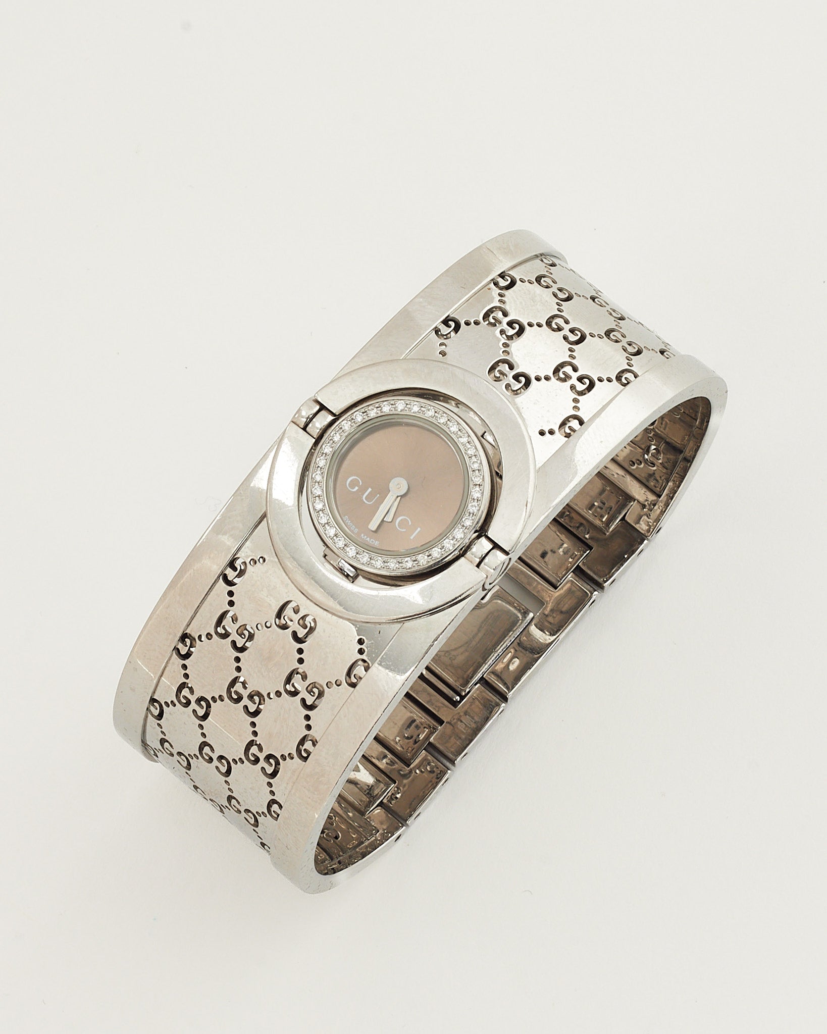 Buy Gucci Silver Stainless Steel GG Monogram 33mm Diamond Twirl
