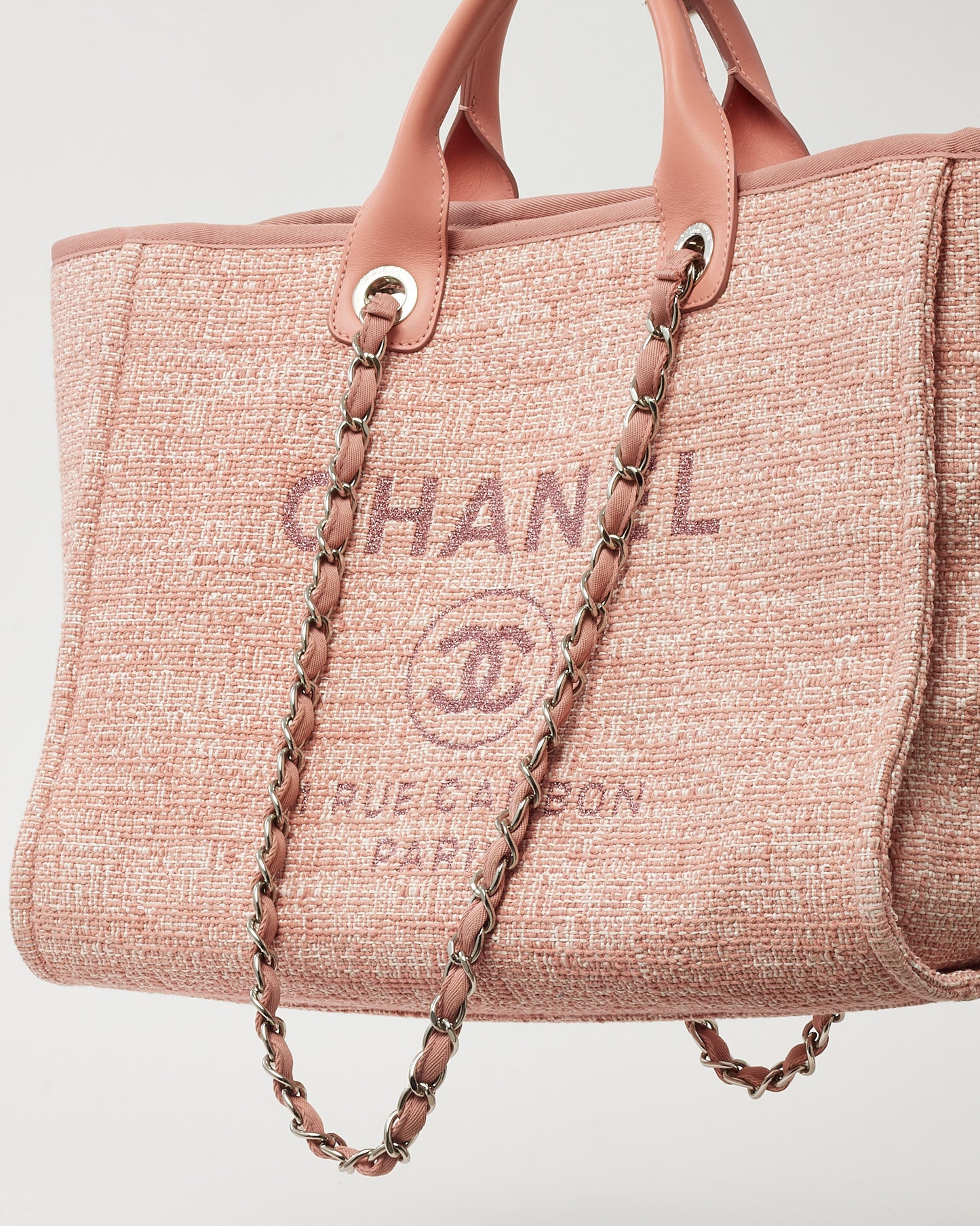 Chanel Pink Lurex Boucle Tweed Chanel Logo Medium Deauville Tote SHW