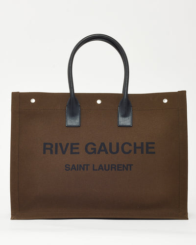 Saint Laurent Khaki Brown Linen Large Logo Rive Gauche Tote Bag