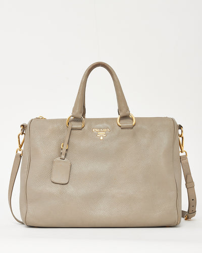 Prada Grey Vitello Daino Leather Zip 2Way Tote Bag with Strap