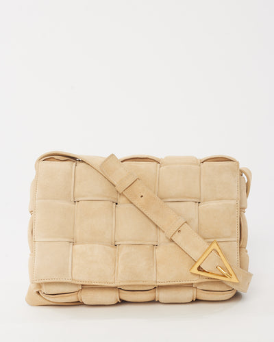 Bottega Veneta Beige Suede Padded Casette Crossbody Bag GHW