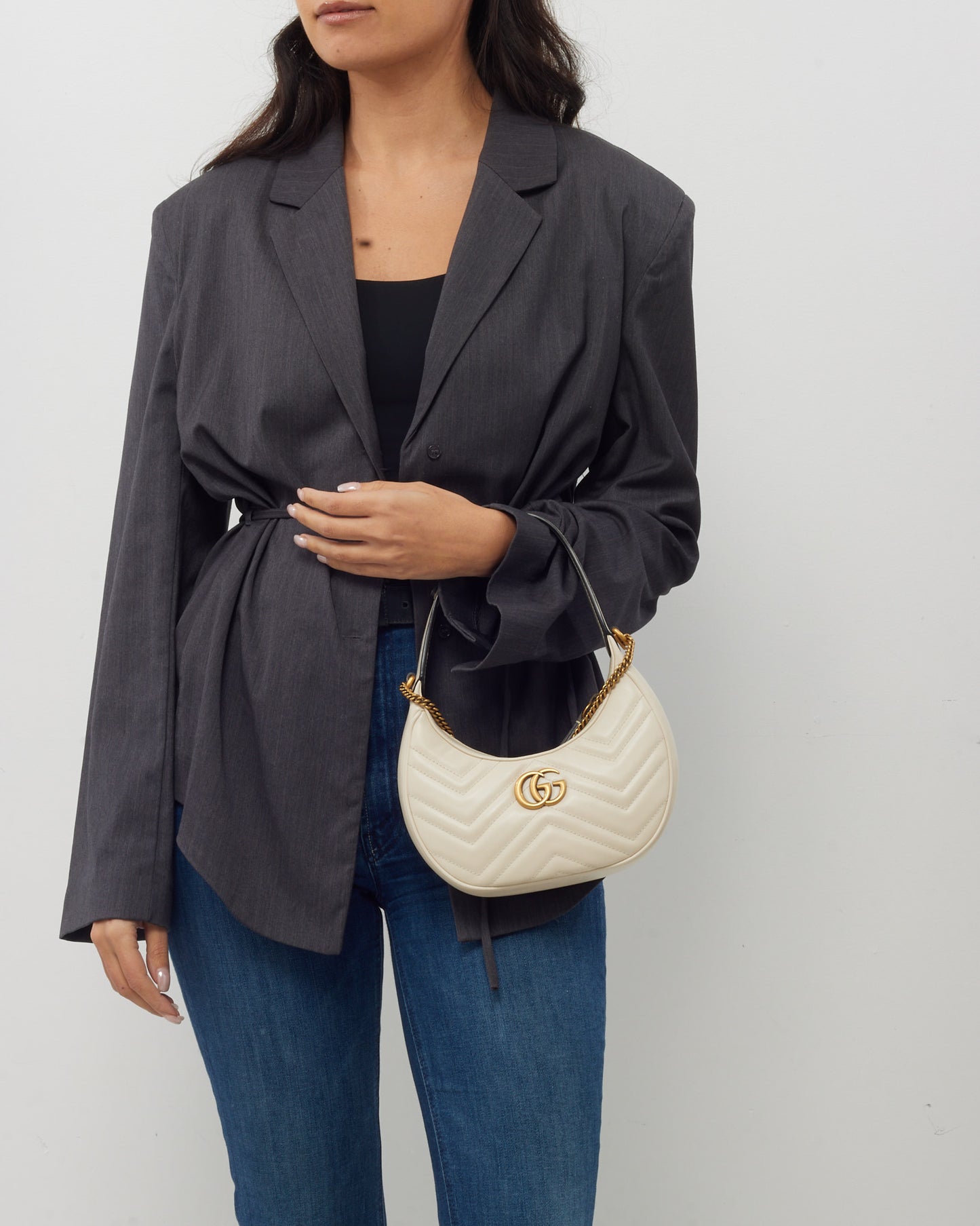 Gucci White Matelassé Leather GG Marmont Half-Moon Small Shoulder Bag with Chain Strap