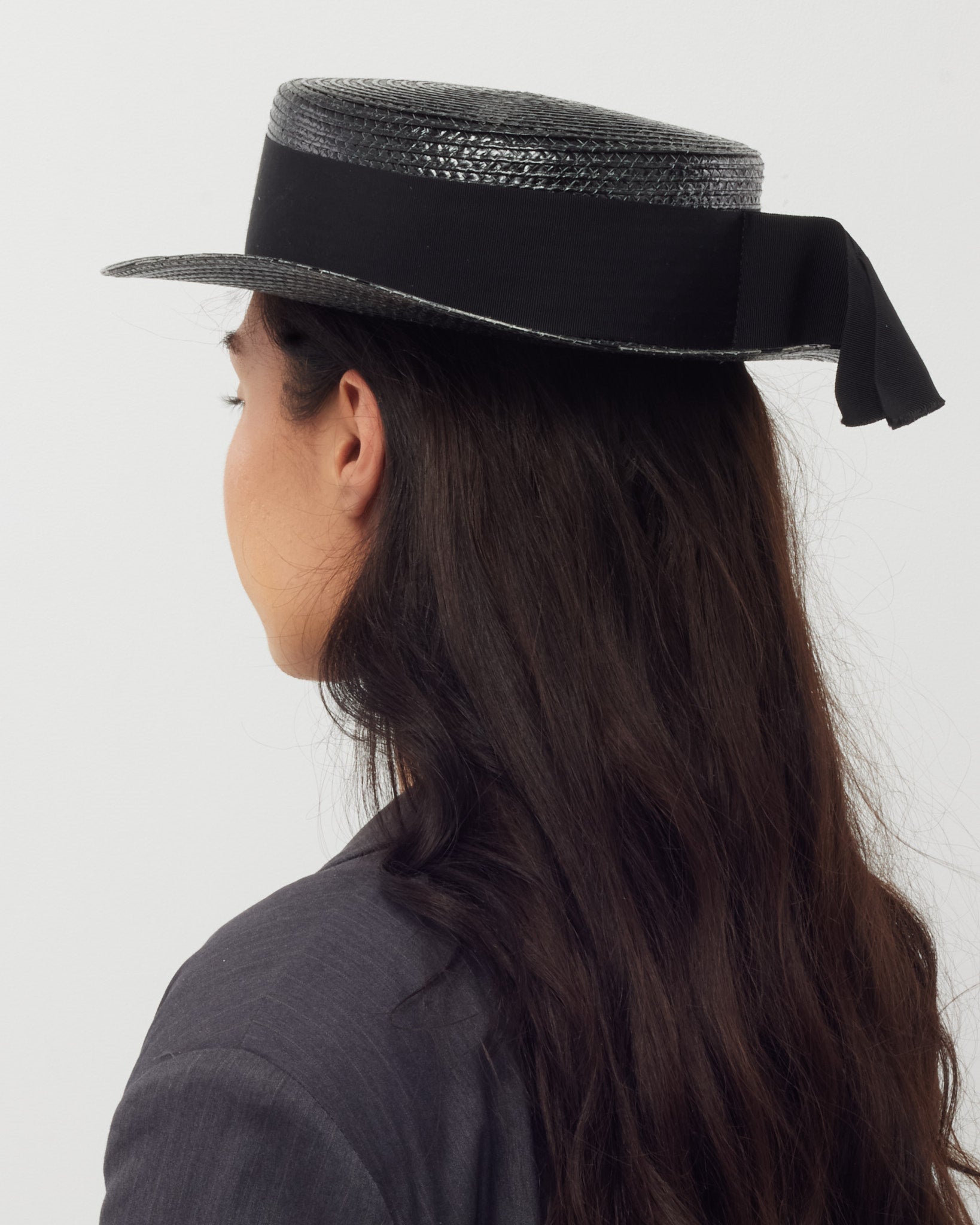 Buy Saint Laurent Black Woven Raffia Straw Wide Brim Ribbon  display picture 1