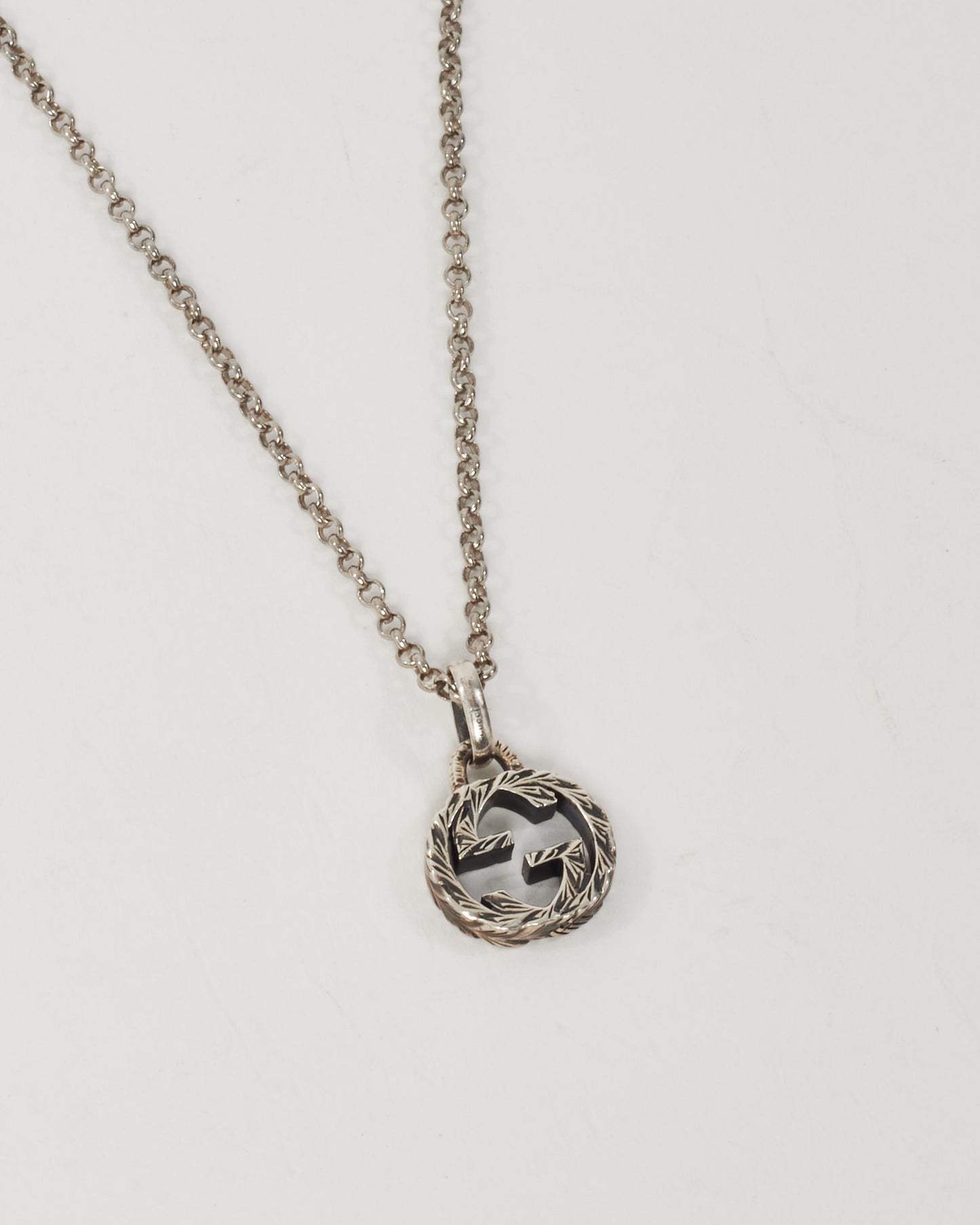 Gucci Sterling Silver Textured Chain Interlocking GG Pendant Necklace
