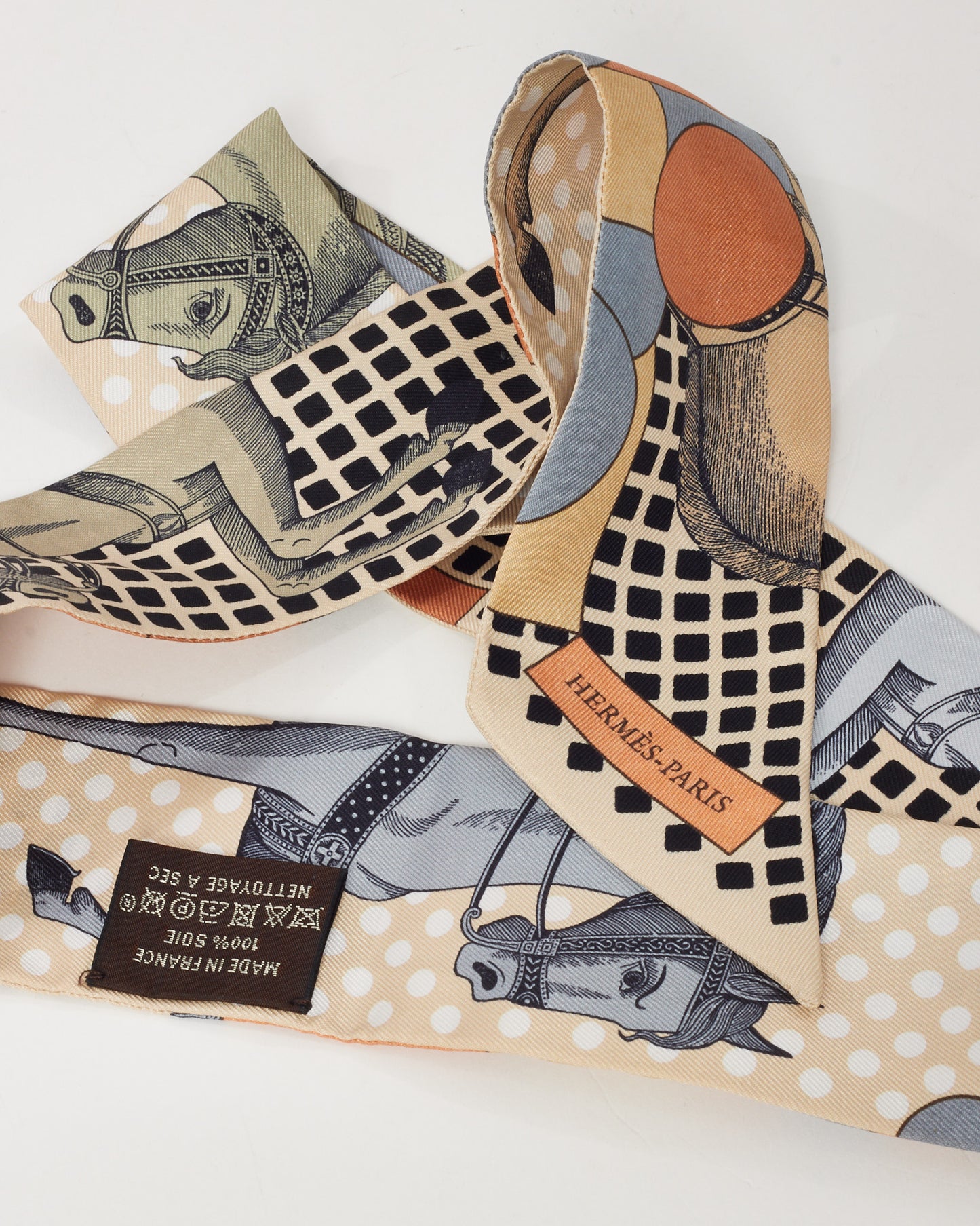 Hermès Beige/Terraco/Grey Multi "Cavalier En Formes" Silk Twilly Scarf