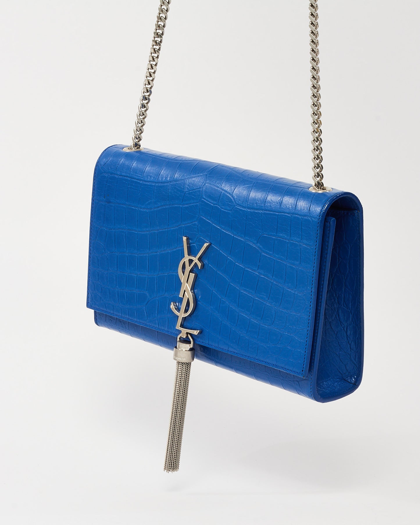Saint Laurent Blue Croc Embossed SHW YSL Medium Kate Tassel Crossbody Bag