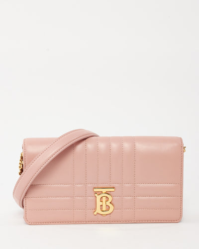Burberry Pink Quilted Check Lambskin Leather Lola WOC Wallet on Strap Crossbody Bag