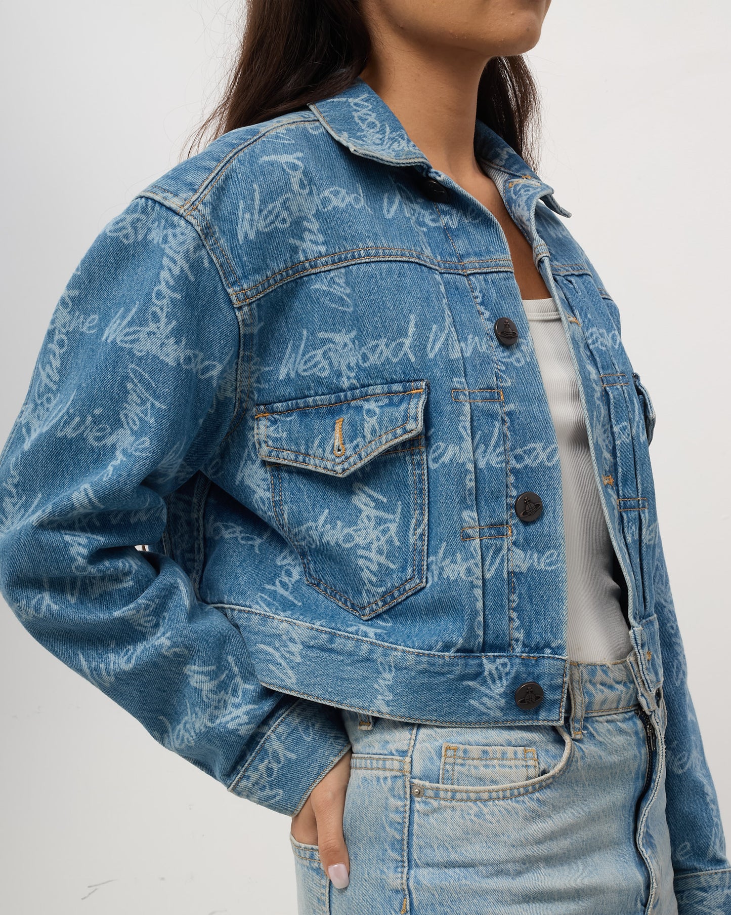 Vivienne Westwood Blue Denim Logo Cropped Marlene Jean Jacket - M