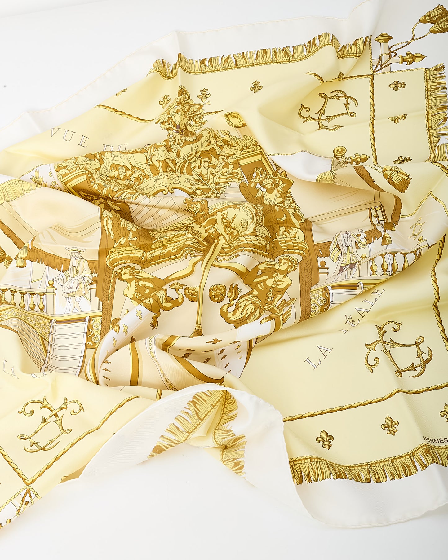 Hermès White/Yellow/Gold Multi "Vue du Carrosse La Galère La Réale" Silk Printed 90cm Scarf