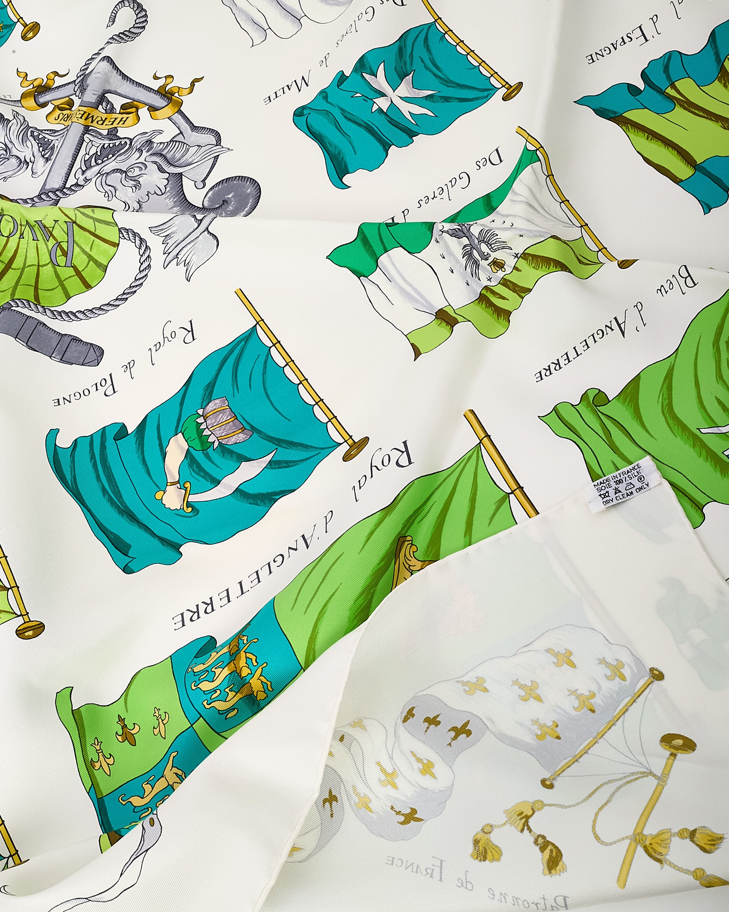 Hermès White/Green/Blue Multi "Cornette De La Galere Patronne de France" Silk Printed 90cm Scarf