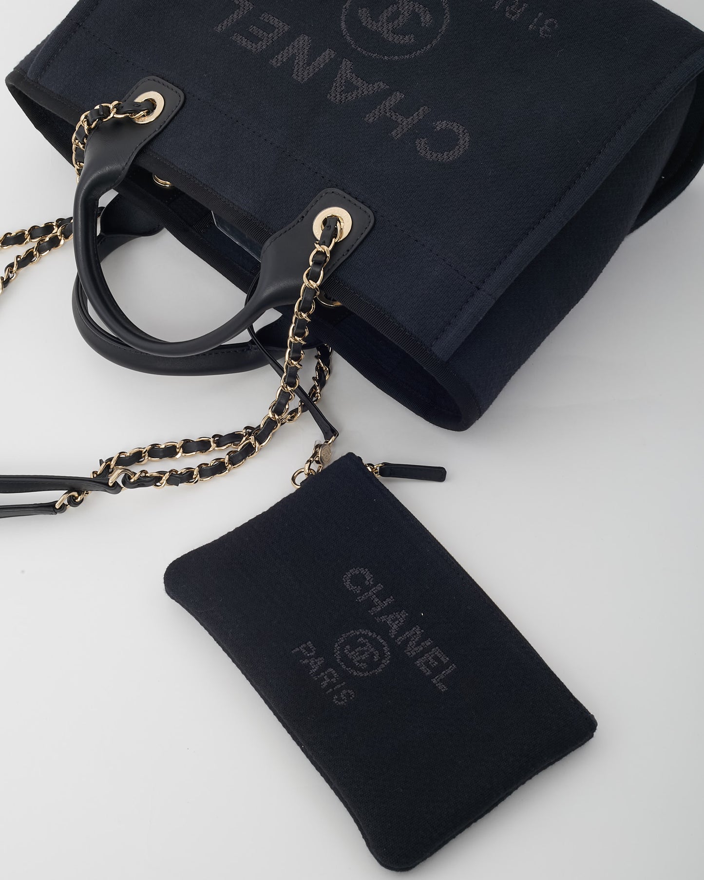 Chanel Black Mixed Fibers Chanel Logo Small Deauville Tote CHW