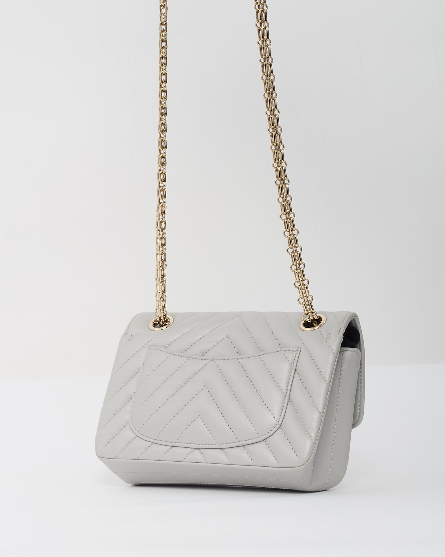 Chanel Silver Grey Chevron Leather Re-Issue 224 Mini Flap Bag CHW