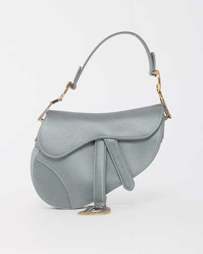 Dior Dust Blue Satin Crystal Embellished Mini Saddle Bag