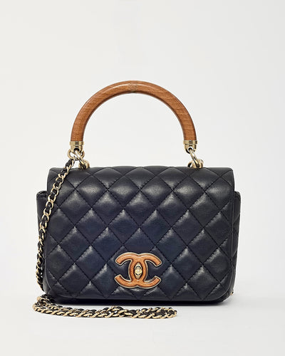 Chanel Black Quilted Lambskin Leather Knock On Wood Top Handle Flap Bag GHW