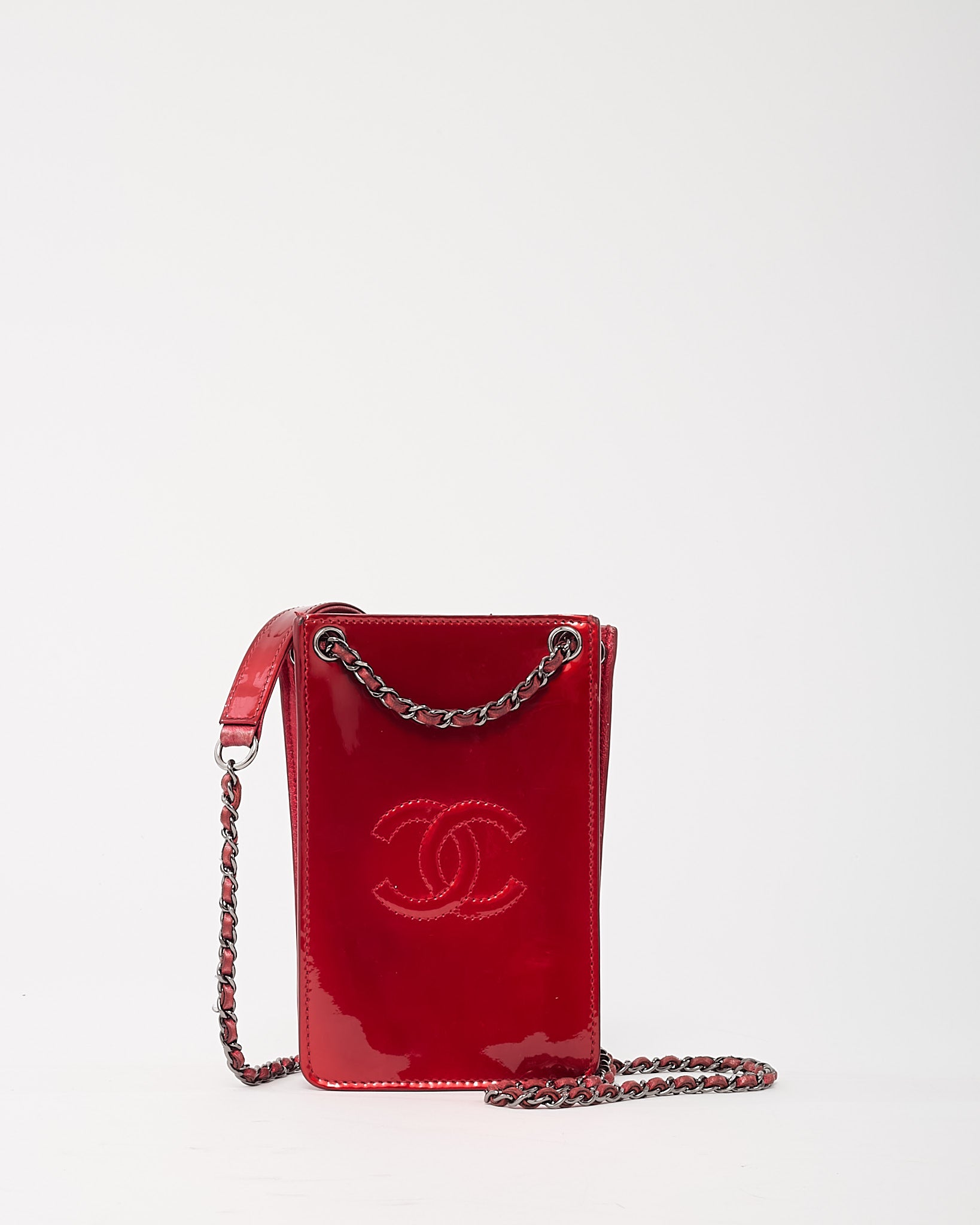 Buy Chanel Red Patent Leather CC Logo Phone Holder Chain Crossbody